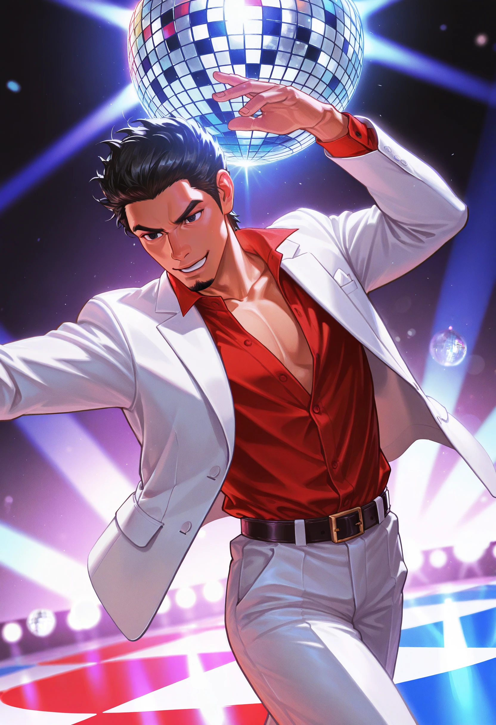 1boy, solo, male focus, dancing, dance floor, disco ball, happy, 
<lora:KazumaKiryu-guy90-Illust-LoraV1:1> kazryu, black eyes, goatee, black hair, short hair, facial hair, red shirt, formal, collared shirt, suit, open clothes, white pants, white jacket, belt
masterpiece, best quality