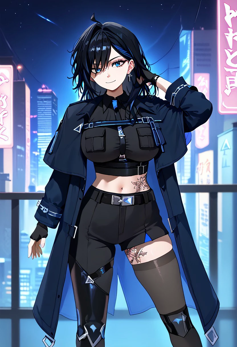 1girl, solo, solo focus, highres, absurdres, AyaseYuu, blue eyes, black hair, blue hair, black gloves, black shirt, multicolored hair, midriff, fingerless gloves, crop top, navel, tattoo, streaked hair, belt, black thighhighs, bangs, jewelry, cross earrings, ahoge, black shorts, piercing, collared shirt, black pants, black footwear, blue jacket, high heel boots, ear piercing, asymmetrical legwear, black coat, necktie, single thighhigh, monocle, capelet, short sleeves, single pantsleg, breast pocket,
looking at viewer, head tilt, light smile, large breasts, hand up, adjusting hair,
cityscape, dark, night, night sky, neon lights, shade, backlighting,