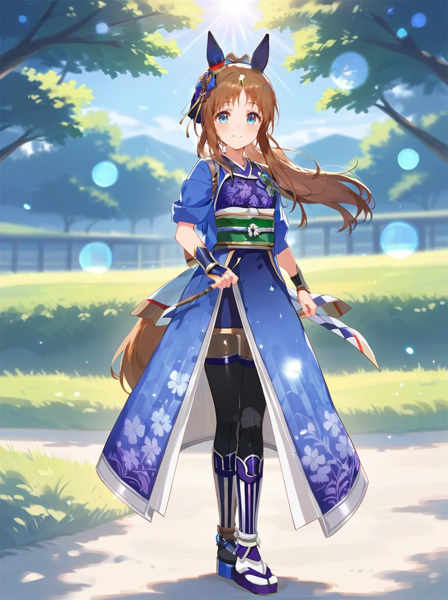 score_9, score_8_up, score_7_up, rating_safe, masterpiece, best quality, absurdres, unity 8k wallpaper, official art, official style, source_anime,
grass wonder \(umamusume\), 1girl, horse ears, horse tail, blue kimono, green obi, looking at viewer, smile, mismatched zouri, black thighhighs, , ponytail, purple shin guards, mismatched tabi, hobf clothes, black ear covers, blue ear ornament, bracer, low back aqua ribbon, purple miniskirt, brown pantyhose under black thighhighs, blue hair ribbon, black tabi, white tabi, purple zouri, blue zouri
motion blur, lens flare,outdoors,
<lora:pony_grass_wonder_v1.01:1>
