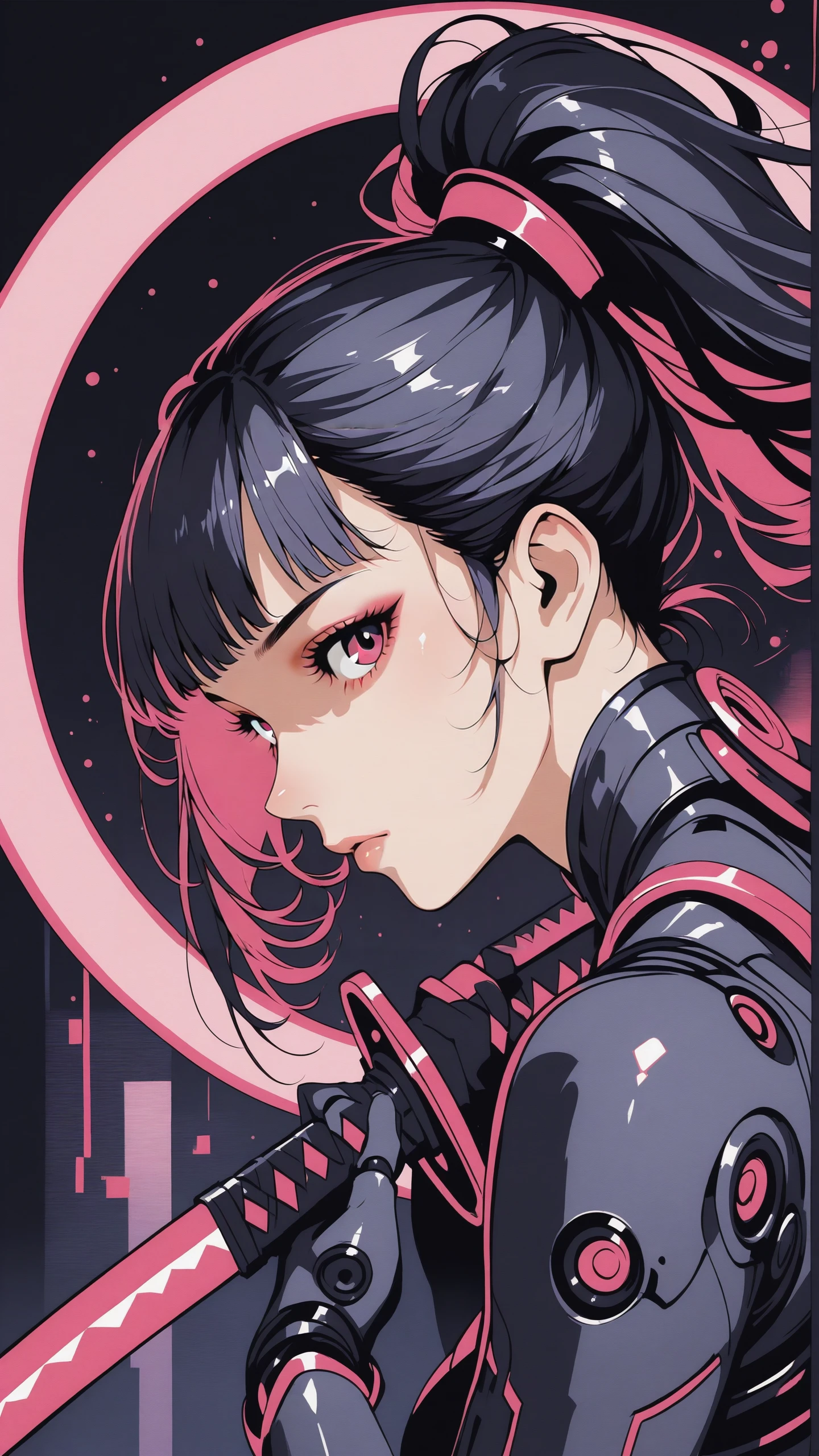 ((reij-drkfnwr art style <lora:drkfnwr:1>):1.2), Masterpiece-level, clean lines, sharp, focused subject, minimalistic composition, side view, upper body view, circle, tangle composition. pink neon lights, black background, futuristic, hime cut, ponytail, beauty, cyber body, katana, abstract background, cyber body details, futuristic, hands, holding katana infront of face, model posing, cheekbones, dynamic motion, dynamic angle, face focus. looking at viewer, detailed eyes, eyelashes, dynamic motion, black light, light from one side, dark shadows.