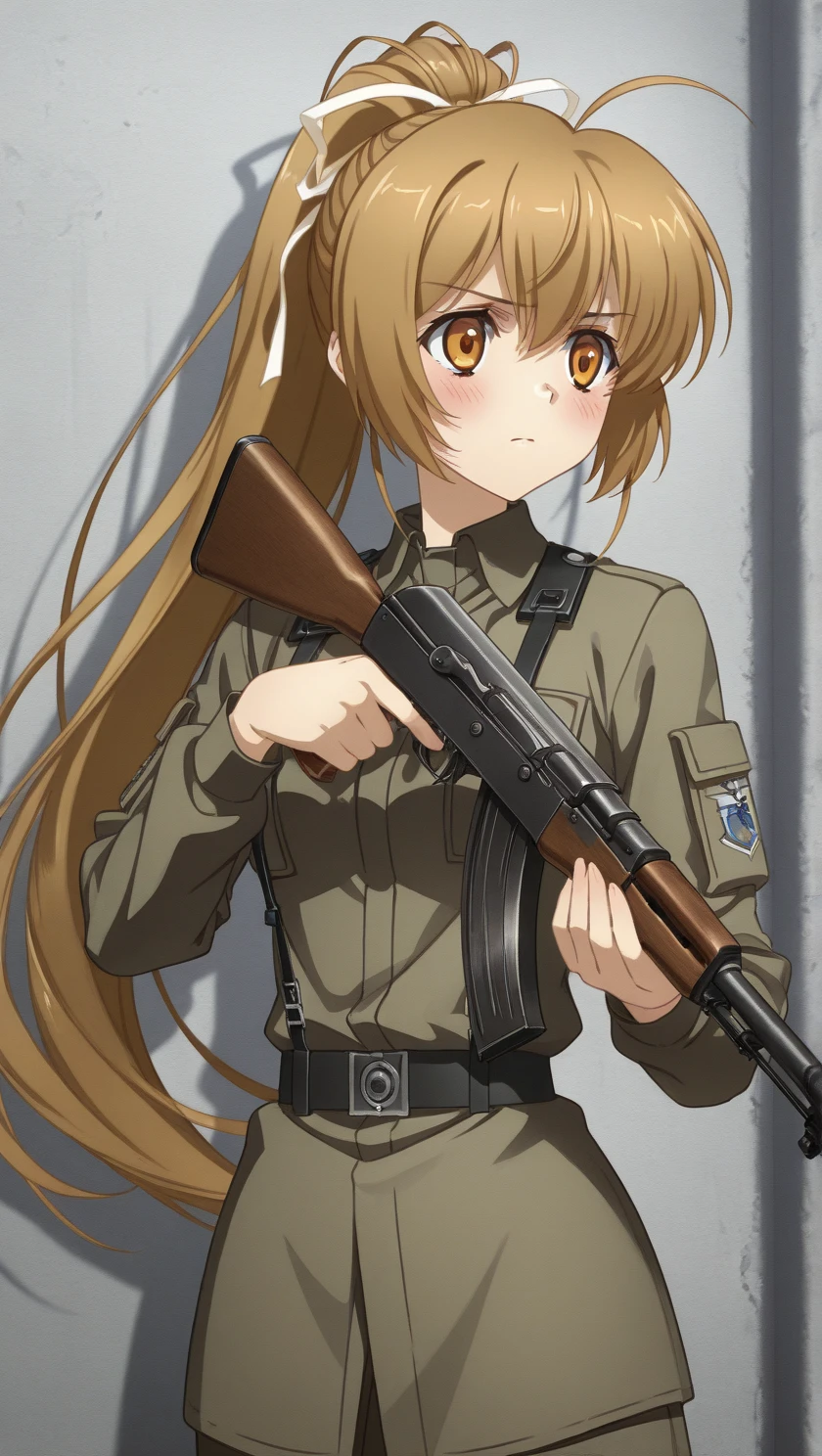 perfect quality, best quality, absolutely eye-catching, masterpiece, absurd res, ambient occlusion, raytracing, 1girl, solo, Katia, perky breasts, BDU, blush, serious, holding rifle, concrete corridor , AK47