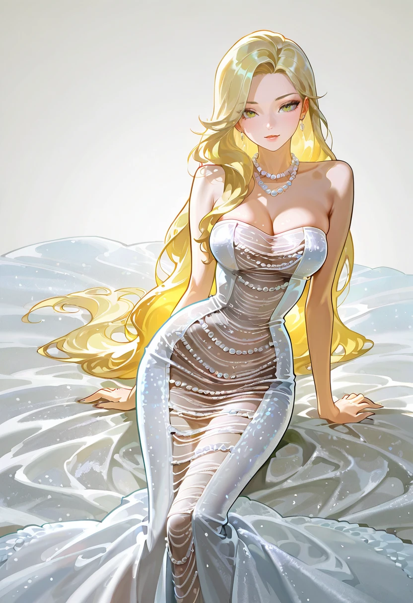 1girl,solo,looking at viewer,ikeda ruriko, pearl mermaid dress, white dress, jewelry, long dress, bare shoulders,ahri_(league_of_legends)