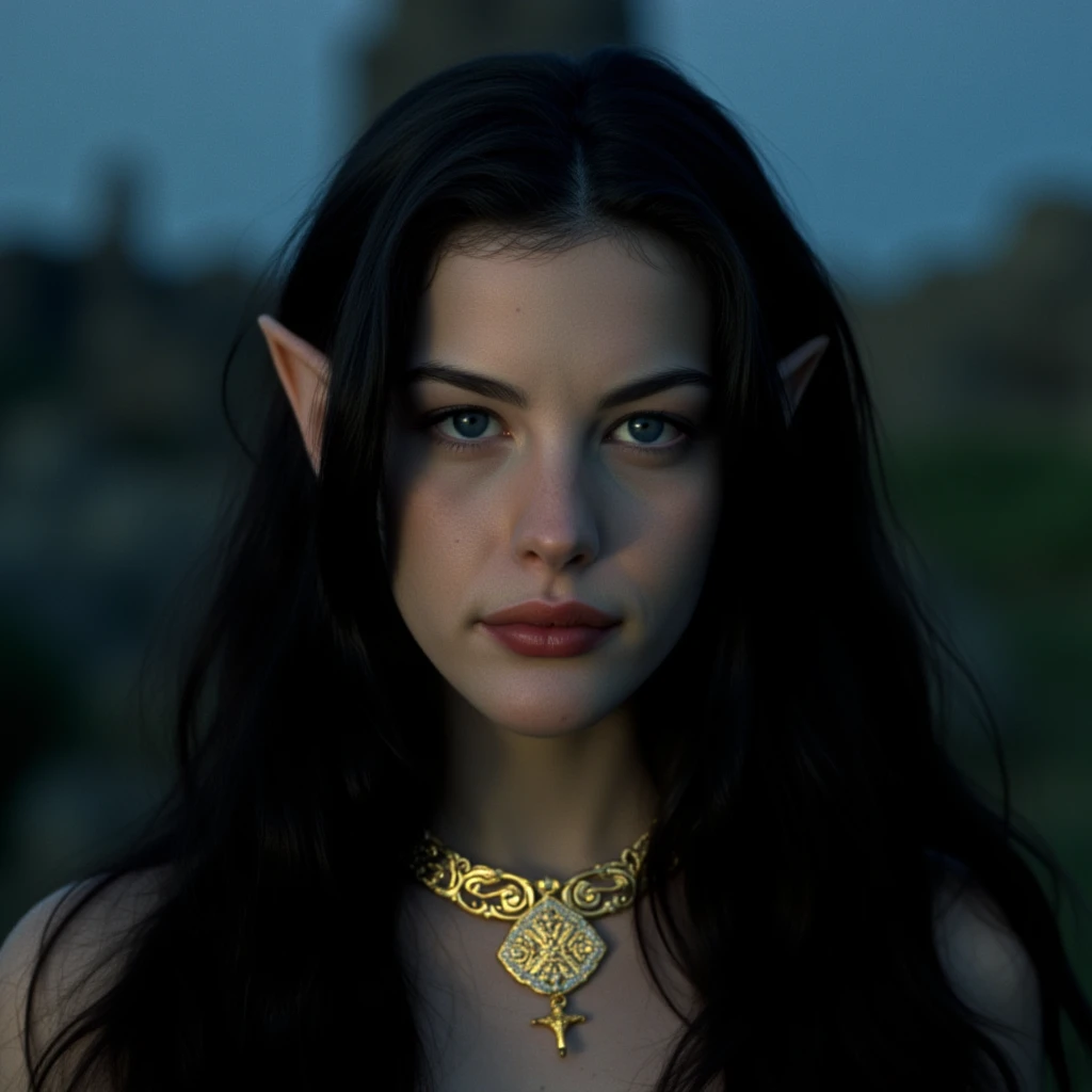 A super high-resolution closeup face portrait of a mesmerizingly beautiful elf princess with elegantly pointed ears, set outdoors under a serene night sky. Her wavy, lustrous pitch-black hair cascades gracefully, reflecting a subtle shimmer in the silvery moonlight. She wears a delicate, intricately designed necklace that rests softly on her neck, adding a touch of regal sophistication to her ethereal appearance. A golden banner with intricate filigree surrounds her, adorned with the word "Lúthien" written in an ancient golden font that glows faintly, blending seamlessly with the mystical ambiance. The scene is captured with cinematic precision using an f/2.8 aperture on a Canon camera with an 85mm lens, ensuring incredible depth of field and detail. The composition highlights her radiant, porcelain-like skin and her piercing gaze that directly engages the viewer, evoking a sense of mystery and allure. The overall image is vibrant, of the highest quality, and carries a dreamlike ambiance, perfectly capturing the mythical elegance of the elf princess., <lora:Livtyler_FLUX_v1-merger_merger33_73_merger45_73_03_07:1.05>