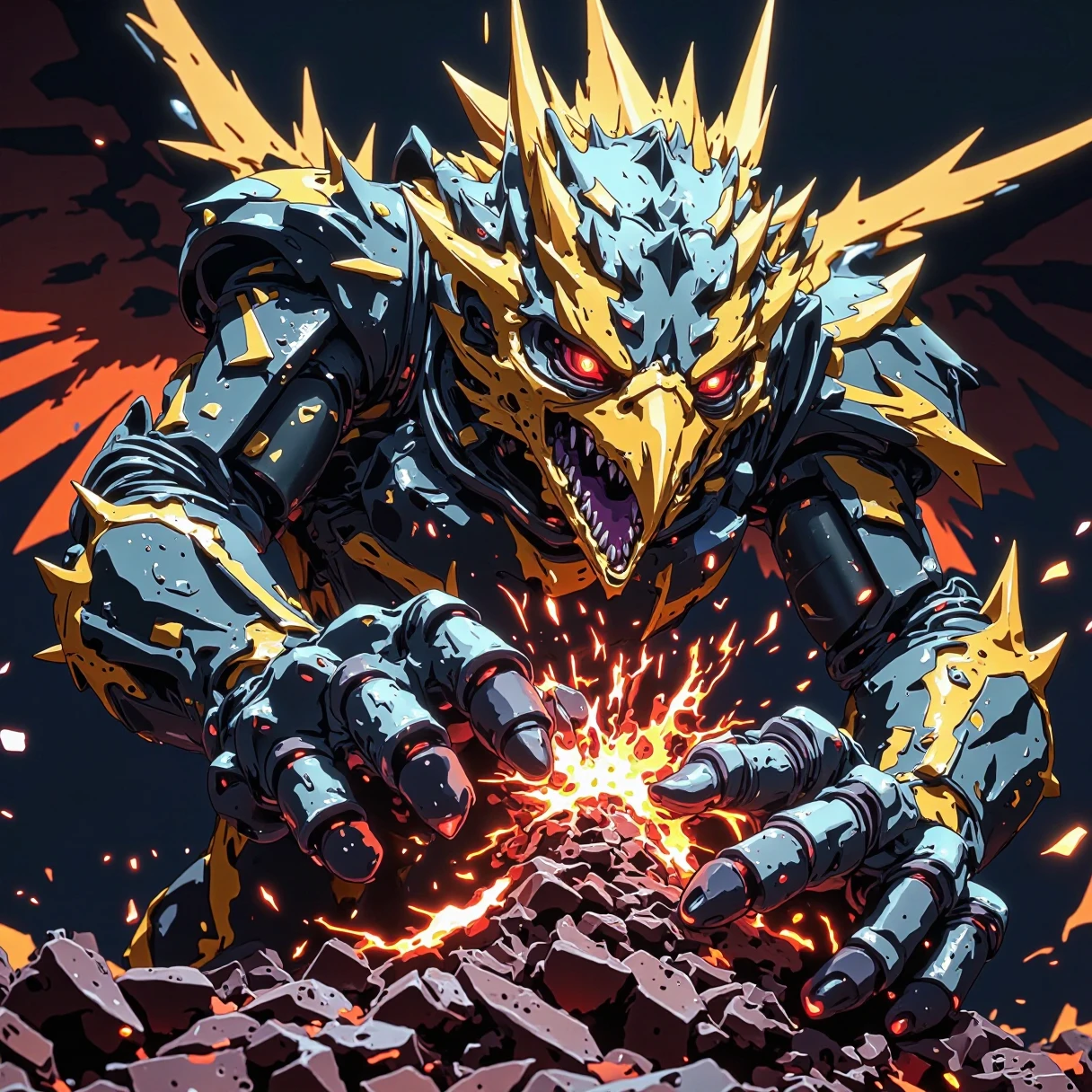 anime of a Armored griffin with cybernetic enhancements, claws tearing through metal.dark background