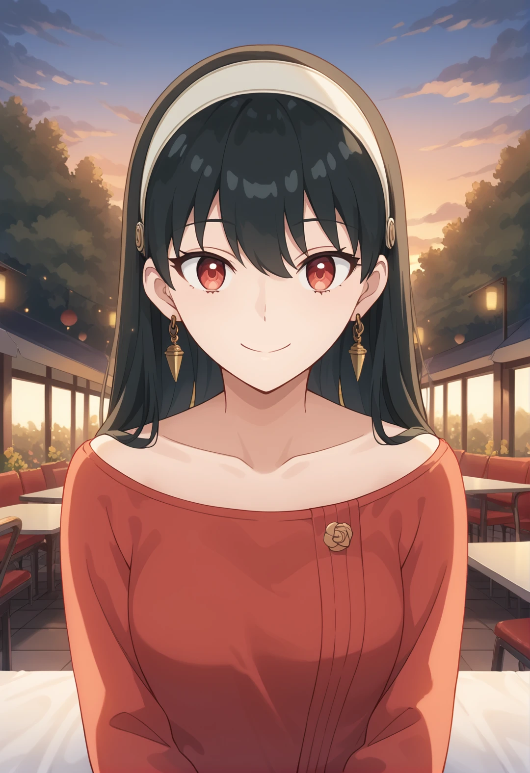 score_9, score_8_up, score_7_up, source_anime, masterpiece, best quality, highly detailed background, cinematic lighting, detailed eyes, detailed pupils, perfect face, Yor Forger, unique outfit, looking at viewer, portrait, cute, smile, park, lanterns, festival, clouds, sunset, dark, warm light,
 <lora:Yor_Forger_Pony:0.8>