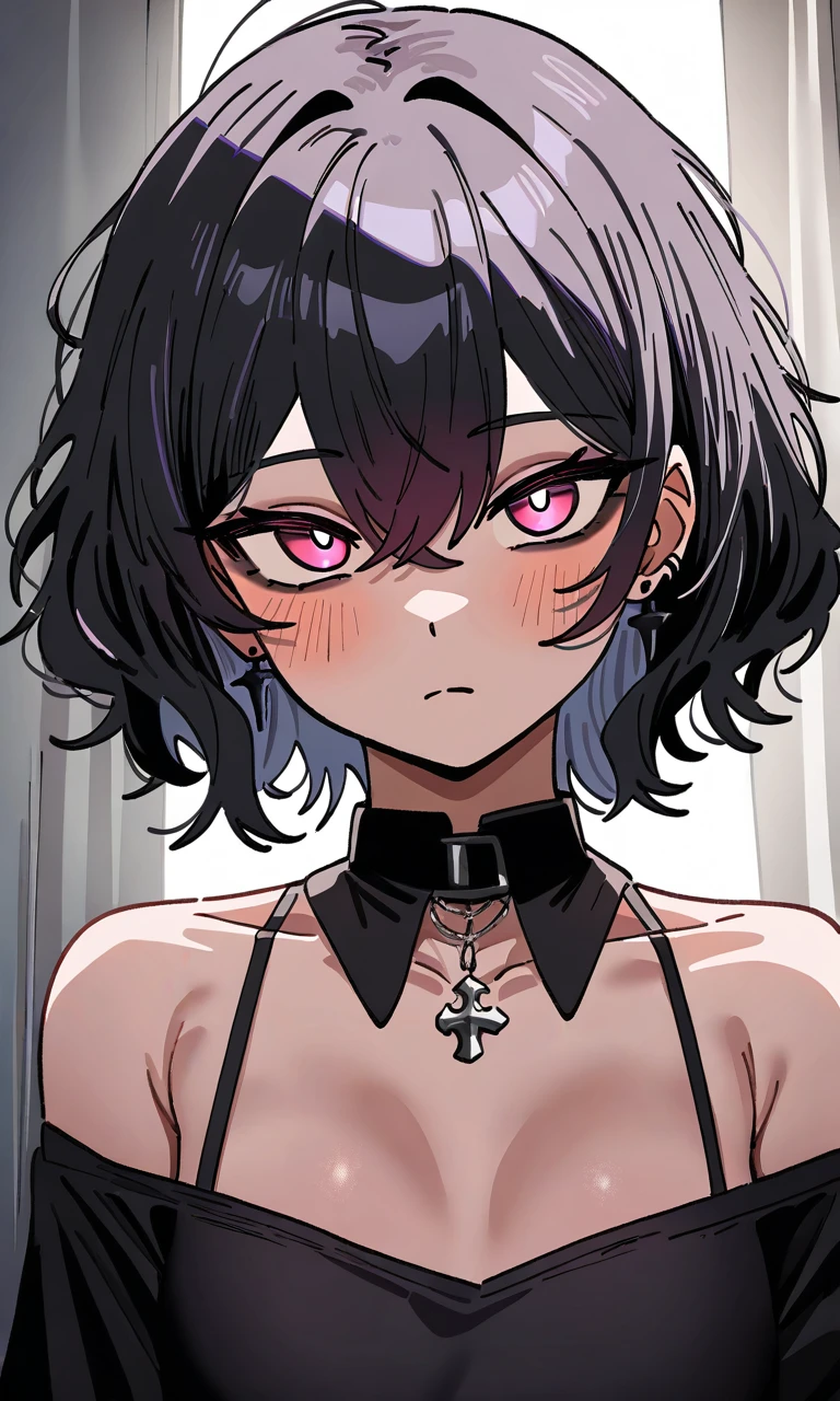 wolfcut, (fluffy hair), voluminous hair, wavy centerparted, wavy bangs, wavy hair, goth anime girl, short hair
