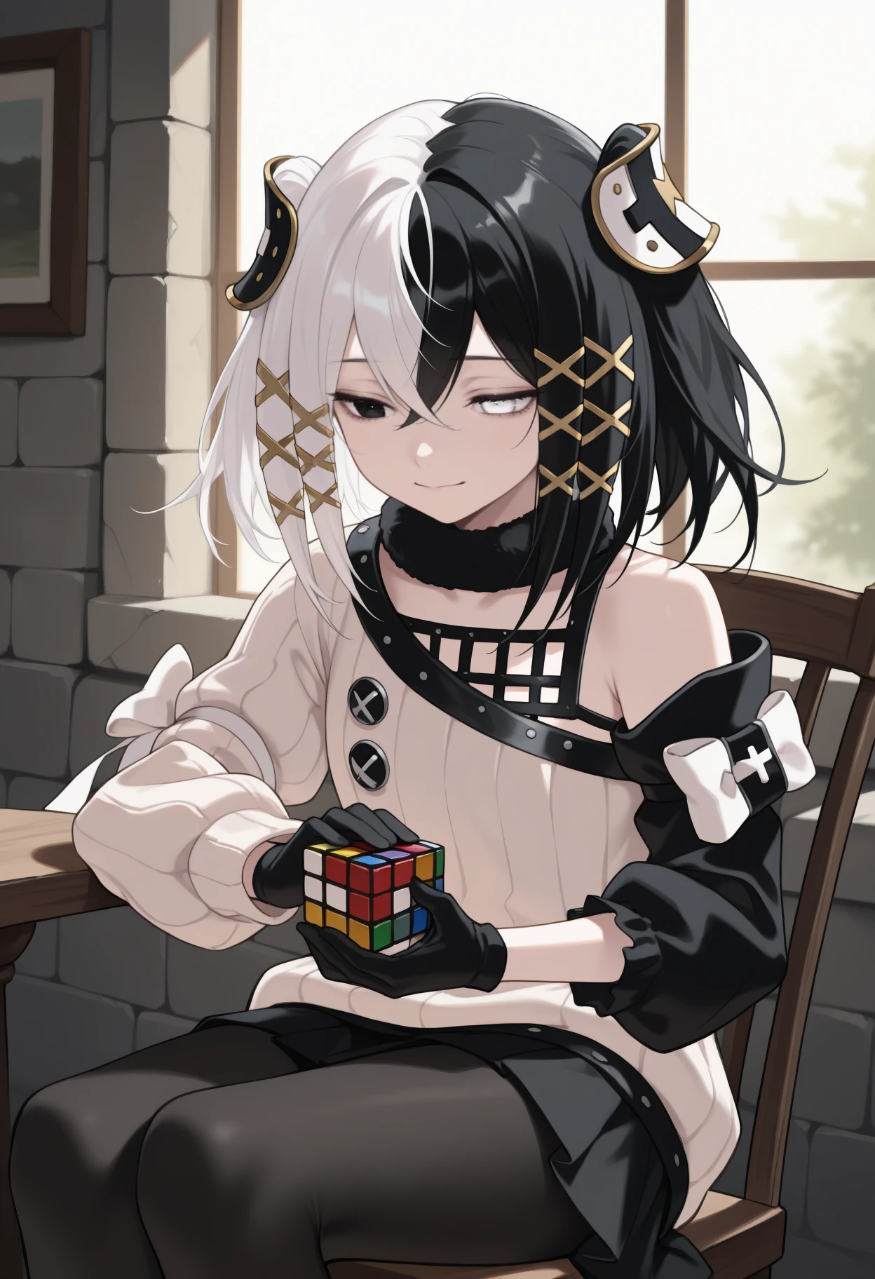 masterpiece, best quality, solo, 1girl, antil3ne, slight smile, looking at object, sitting, on chair, holding, rubik's cube, long hair, split-color hair, black hair, white hair, hair between eyes, crossed bangs, twintails, x hair ornament, heterochromia, black eyes, white eyes, white sweater, ribbed sweater, fur collar, asymmetrical sleeves, sleeves past elbows, mismatched sleeves, black sleeves, single detached sleeve, sleeve bow, white bow, black gloves, buttons, black skirt, black pantyhose, single bare shoulder, day, indoors, stone wall, window
<segment:yolo-Anzhc Face seg 640 v2 y8n.pt,0.4,0.5//cid=1>