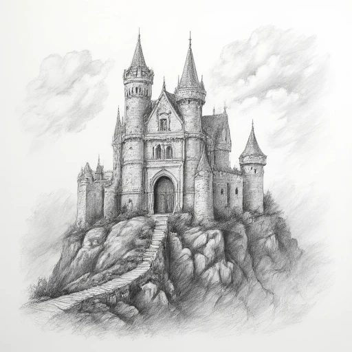 linea, A detailed pencil drawing of a medieval castle perched on a rocky cliff, surrounded by dense fog. The castle features towering spires, intricate stonework, and aged wooden doors. The pencil strokes are precise, using cross-hatching for shadows and subtle gradients to show depth. The foreground includes a cobblestone path winding up the cliff, with small shrubs sketched in fine detail. The entire image feels atmospheric, like a hand-drawn concept for a fantasy novel