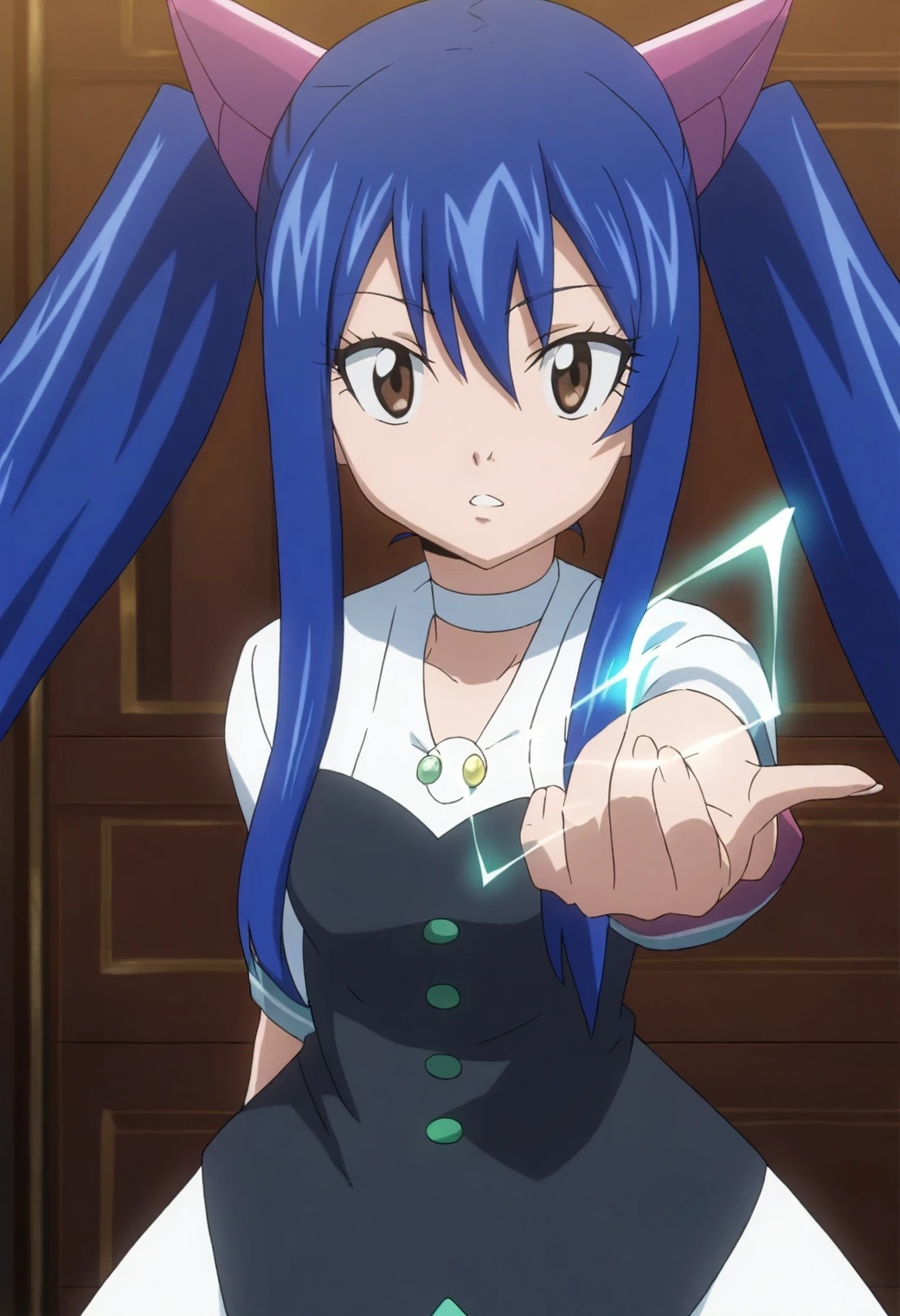 <lora:Wendy Marvell - [Fairy Tail] - illustriousXL v1:1>, sysdeep_wendy, long hair, blue hair, twintails, brown eyes, 1girl, solo, anime coloring, elegant outfit, grand library, open spellbook, glowing letters