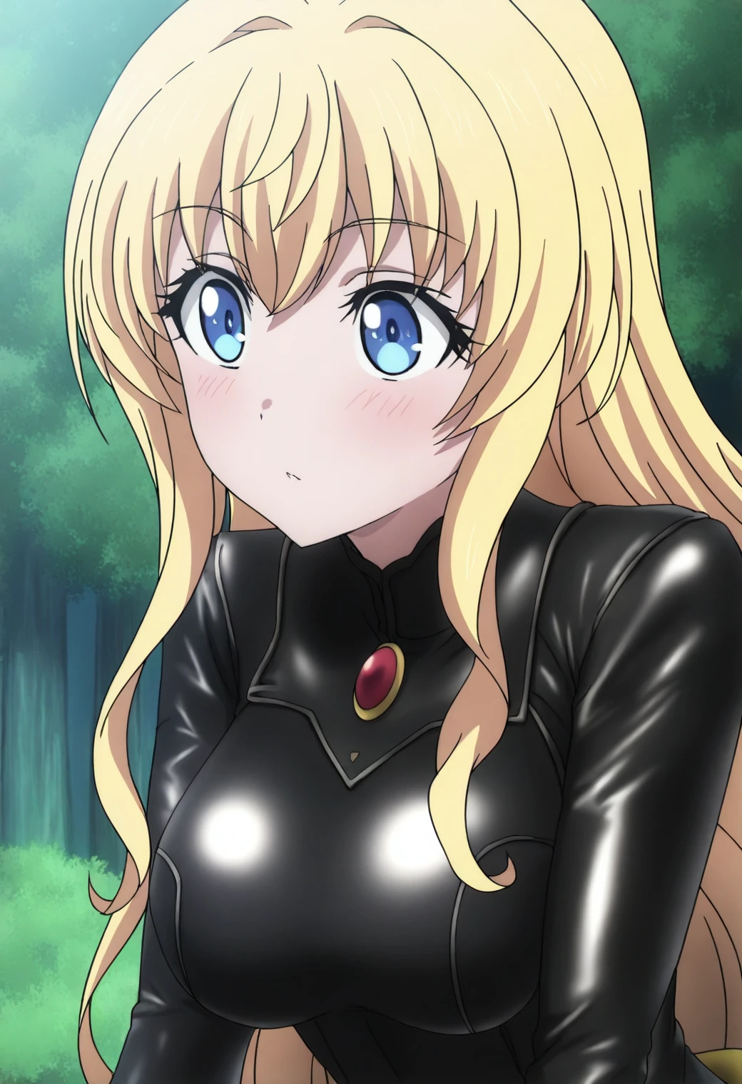 <lora:Priestess - [Goblin Slayer] - illustriousXL v1:1>, sysdeep_priestess, blue eyes, blonde hair, long hair, anime coloring, 1girl, solo, tight leather outfit, forest at dusk, bow and arrow, poised to strike