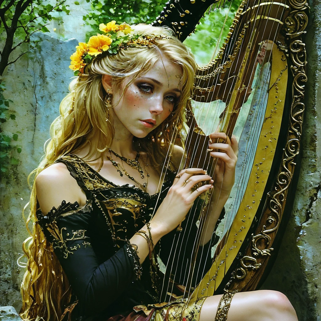 <lora:Ethereal_Gothic_RenaissanceSDXL:1> ArsMJStyle, Etherial Gothic, The image shows a woman sitting on a rock playing a harp. She is wearing a dress and has a peaceful expression on her face. The background of the image is filled with trees and a wall creating a peaceful atmosphere., 1girl, solo, blonde hair, long hair, instrument, flower, harp, sitting, jewelry, dress