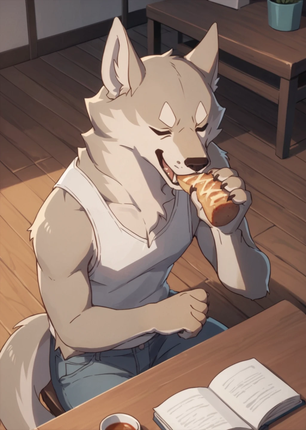 score_9, score_8_up, score_7_up, score_6_up, score_5_up, score_4_up, cute male furry feral satowolf, high angle, sitting at a table, eating breakfast, smartphone in hand, white tank top, jeans, eyes closed, laughing, hands clapping, source_furry  <lora:Sato (Brand New Animal)_epoch_11:0.8> satowolf, anthro, furry, 1boy, patterned fur, grey fur, wolf tail,