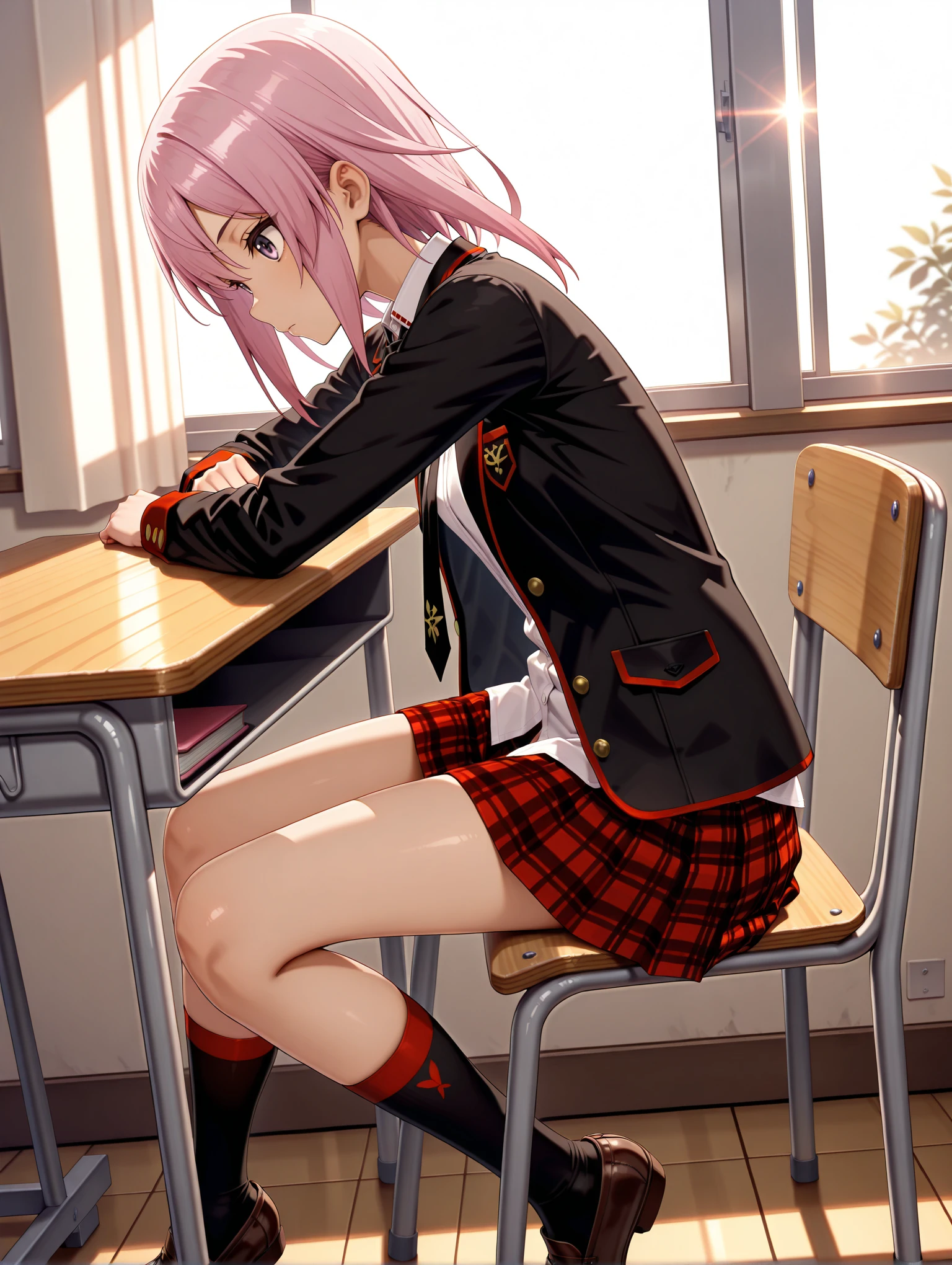 masterpiece,best quality,amazing quality,
solo,1girl,
<lora:yotsuyu_ilxl_v1.1>,yotsuyu,ashihara_h,black jacket,open jacket,black necktie,untucked_shirt,plaid skirt,black socks,brown loafer,
<lora:Fixhands_anime_bdsqlsz_V1:1>,classroom,desk,chair,morning sun,expressionless,profile,facing ahead,