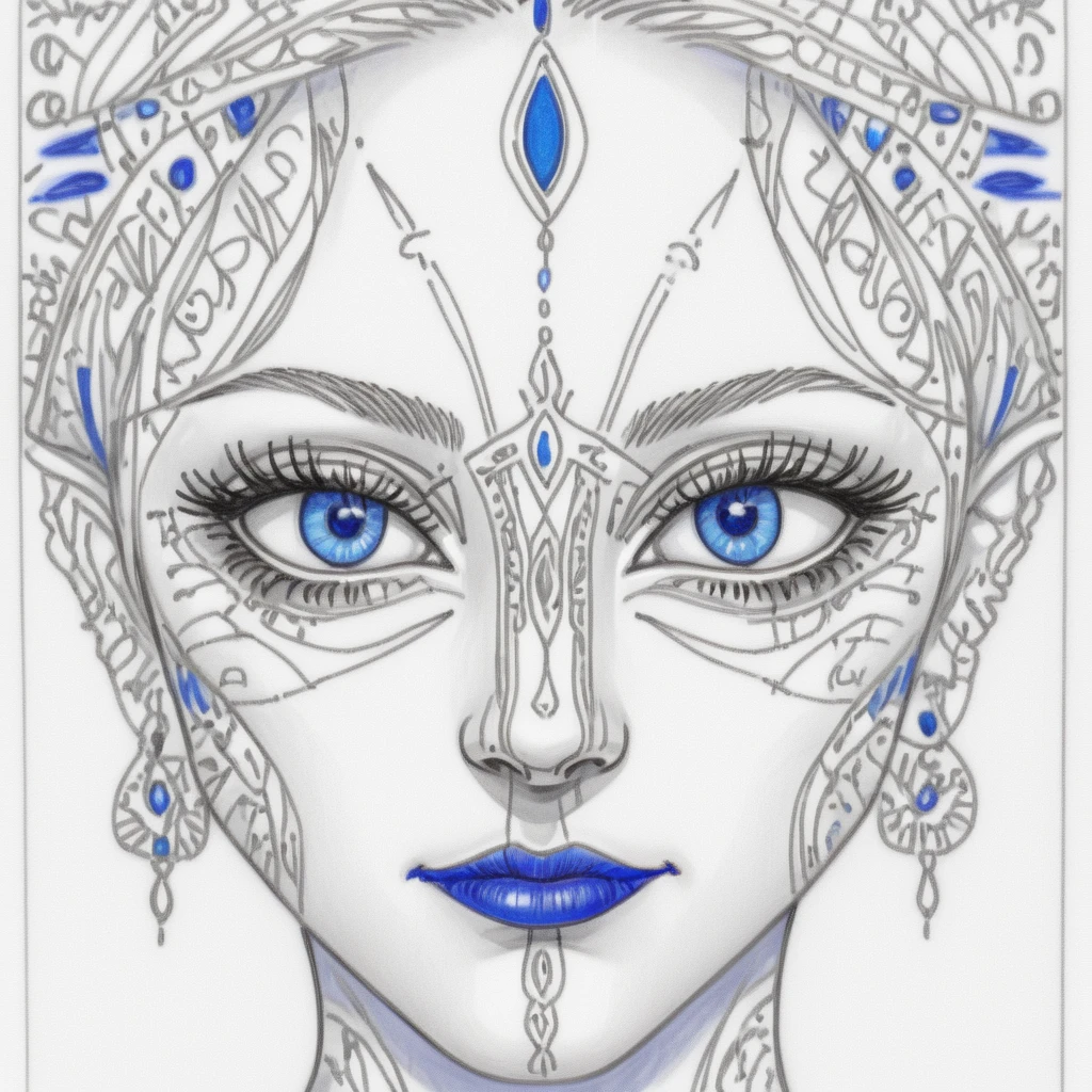 <lora:Moonlit_MinimalismSDXL:1> ArsMJStyle, Moonlit Minimalism, The image shows a drawing of a woman's face with blue eyes on a white background. The face is sketched in detail with the eyes looking directly at the viewer and the lips slightly parted. The eyes are a deep blue color and the nose is a lighter shade of blue. The mouth is slightly open revealing a hint of a smile., blue eyes, makeup, lineart, eye focus, white background, simple background, 1girl, solo, spot color, lipstick