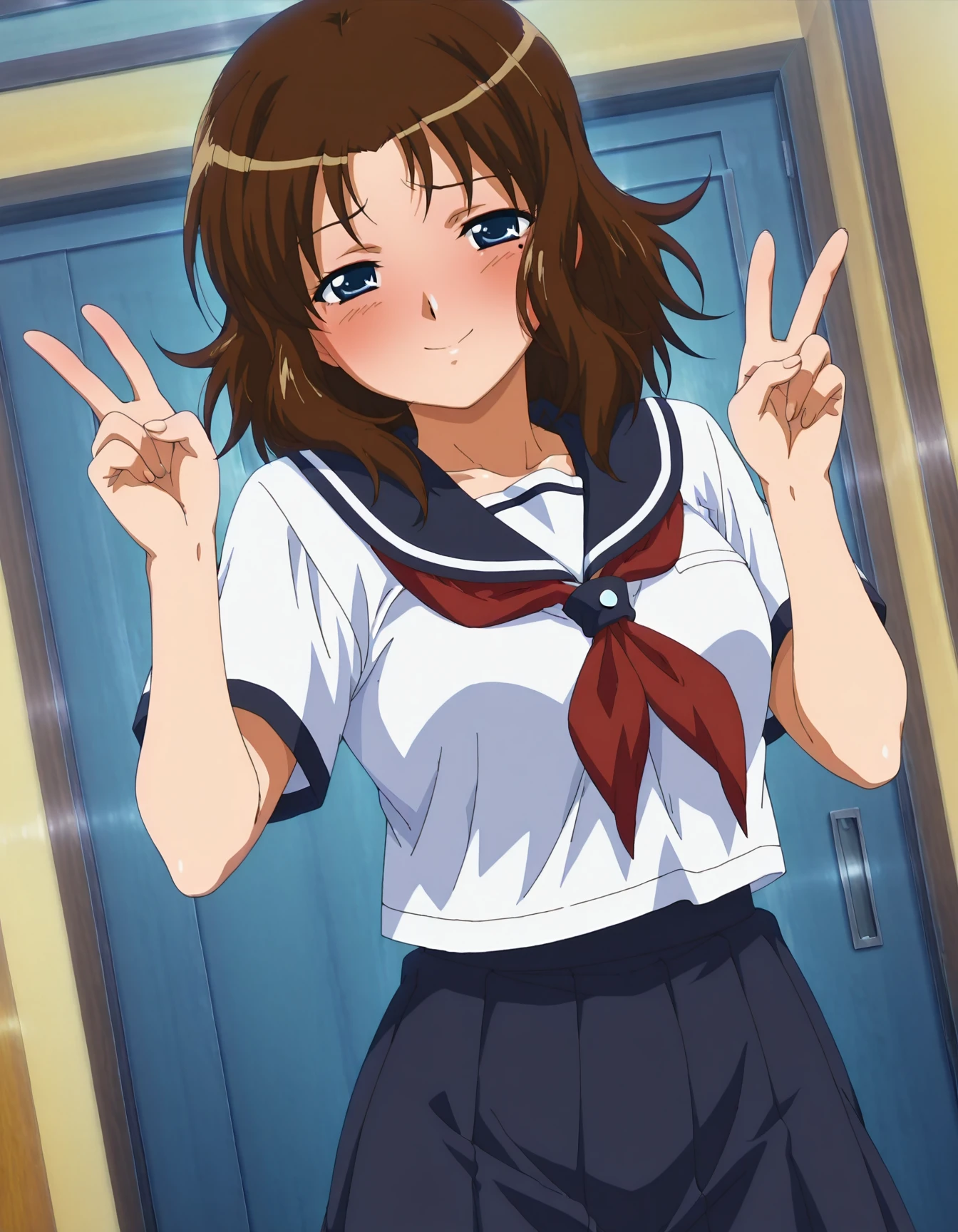 aoi_kashima,solo,looking at viewer,dynamic pose,dynamic angle,1girl,smile,embarrassed,v,double v,school uniform,salion color,serafuku,dark blue skirt,pleated skirt,masterpiece,best quality,amazing quality,
<lora:aoi_kashima-ILXL:0.9>, anime screencap,