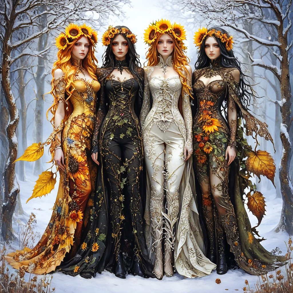 <lora:Ethereal_Gothic_RenaissanceSDXL:1> ArsMJStyle, Etherial Gothic,four women representing the seasons, each dressed in richly detailed garments. They stand intertwined with the natural elements of their seasons spring blossoms, summer sunflowers, autumn leaves, and winter snowflakes.