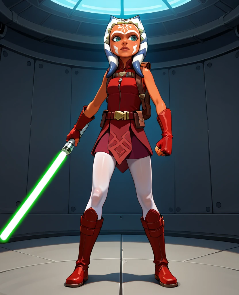 masterpiece, 1440p, 8k, UHD, amazing quality, high resolution,  <lora:Ahsoka_Tano_Illustrious:1> Ahsoka Tano, togruta, orange skin, white and blue montral horn, white facial markings, jewelry, medium montral, energy sword, lightsaber, single-handed, one hand, 1girl, solo, alien, boots, gloves, fingerless gloves, skirt, white pantyhose, skirt, backpack, knee boots, foreign background