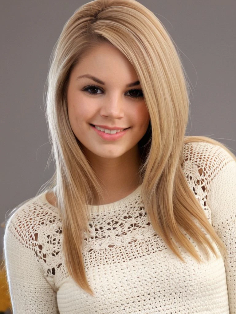 portrait photo of young woman, facing viewer, simple background, dirty blonde hair, light smile, <lora:Eva Nyx:0.8>