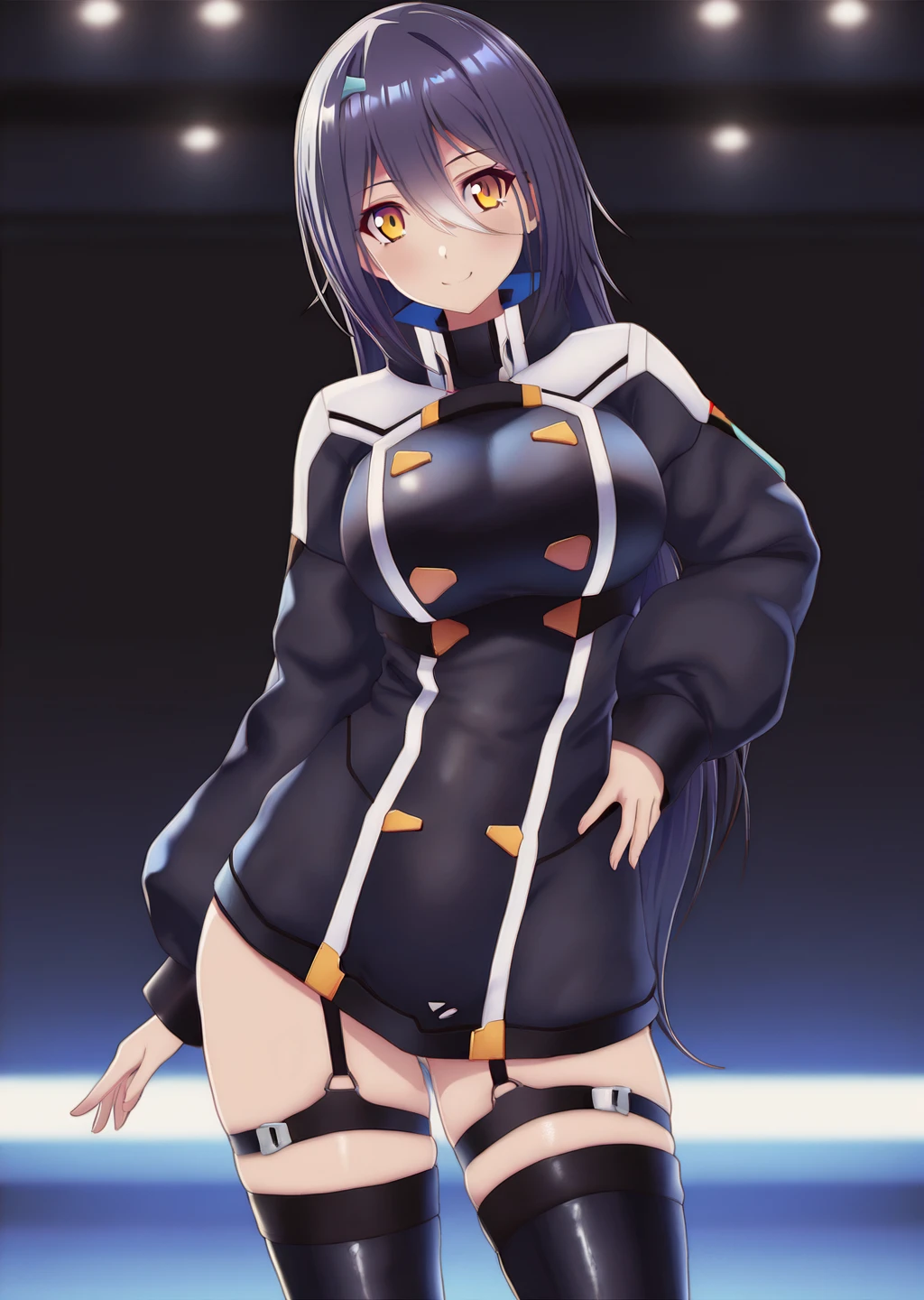 highres,depth of field,newest,official style,anime coloring,anime screencap,Anime,(best quality),(highly detailed),((masterpiece)),((best quality)),(ultra-detailed),((extremely detailed)),(high resolution),4K,(8K),best quality,(beautiful),(dynamic lighting),(super detailed skin),sharp focus,(source_anime,(masterpiece:1.2),best quality,very aesthetic),masterpiece,best quality,very aesthetic,1girl,source_anime,rating_explicit,incredibly absurdres,absurdres,<lora:Etra_V1:1>,etra-outfit1,thigh boots,legwear garter,narrow_waist,skinny,slender,smile,stylish_pose,