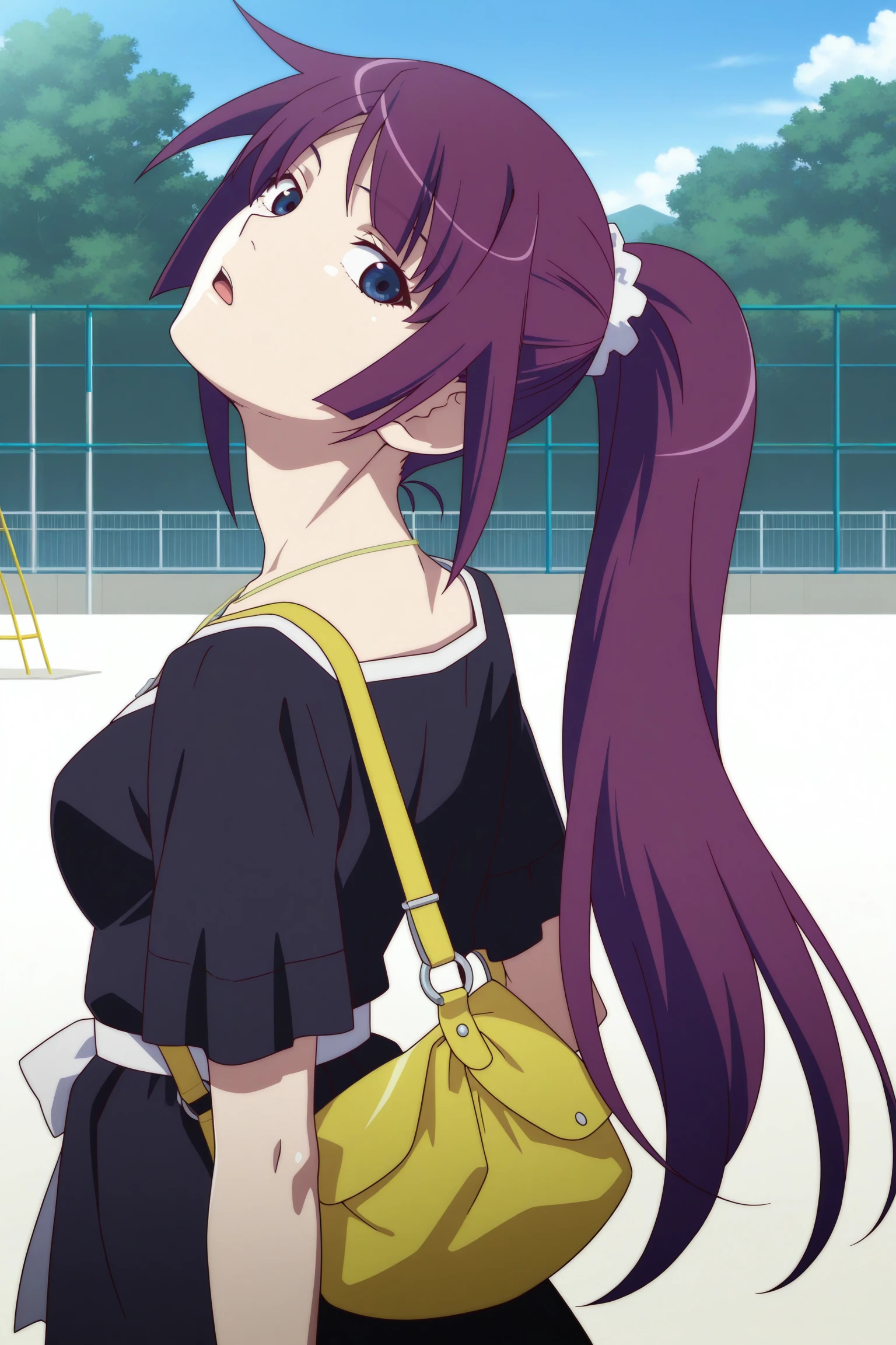 masterpiece, best quality, amazing quality, highres, absurdres, very aesthetic, high resolution, ultra detailed, perfect details, 1girl, solo, outdoors, playground, day, medium breasts, hitagi senjougahara, long hair, ponytail, white hair tie, sidelocks, purple hair, blue eyes, black dress, short sleeves, collarbone, necklace, yellow shoulder bag, waist sash, waist bow, white shorts, short shorts, black pantyhose, white footwear, mary janes, <lora:Hitagi_Senjougahara_ILXL:0.8>, (aged up:1.2), (upper body:1.8), looking at viewer, expressionless, dim lighting, anime coloring, anime screencap, (pose:1.6), (shaft look:1.7), open mouth, (from behind:1.5), (head back:1.5)