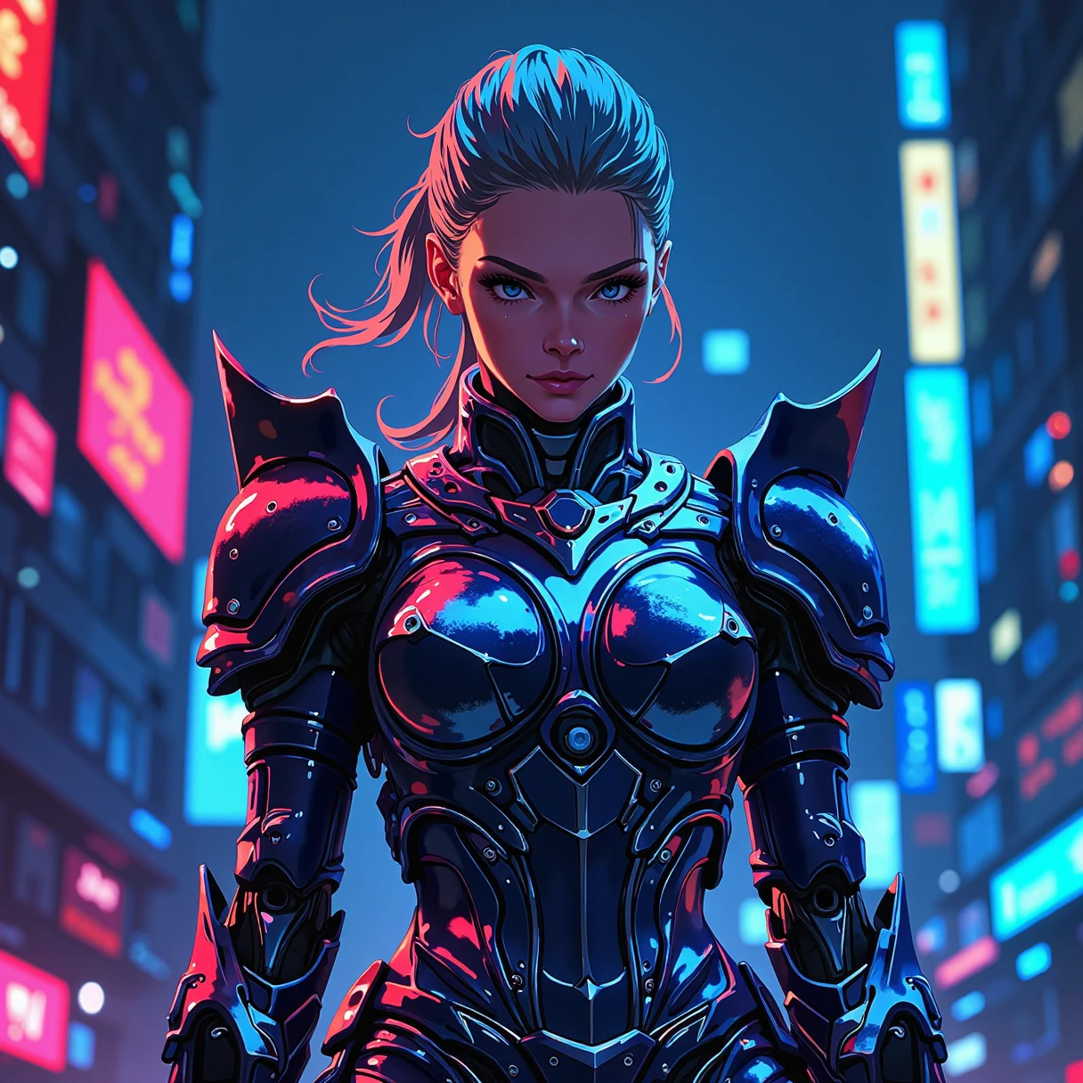 Valkyrie with cybernetic enhancements, armor gleaming in the neon-lit night.