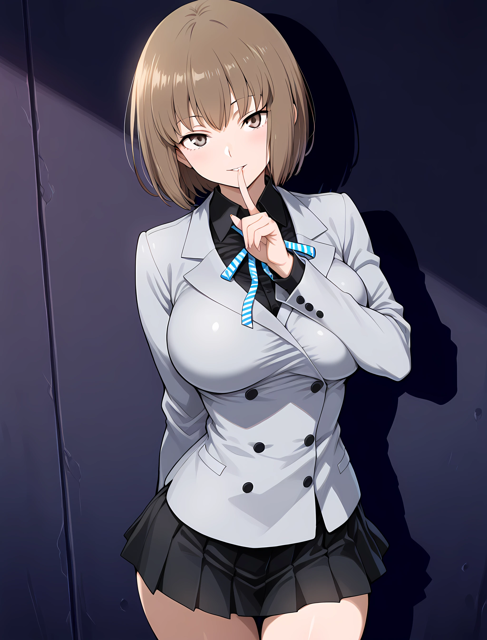 nitta_io(ds2), 1girl, solo, brown hair, short hair, large breasts, brown eyes, seductive smile, looking at viewer, ribbon, grey jacket, black skirt, shushing, parted lip, finger to mouth, midnight, dark alleyway background, cowboy shot<lora:NittaIo-IllustXL:1>, (masterpiece),(best quality),(ultra-detailed),(best illustration),(best shadow),(absurdres),(detailed background),(very aesthetic),