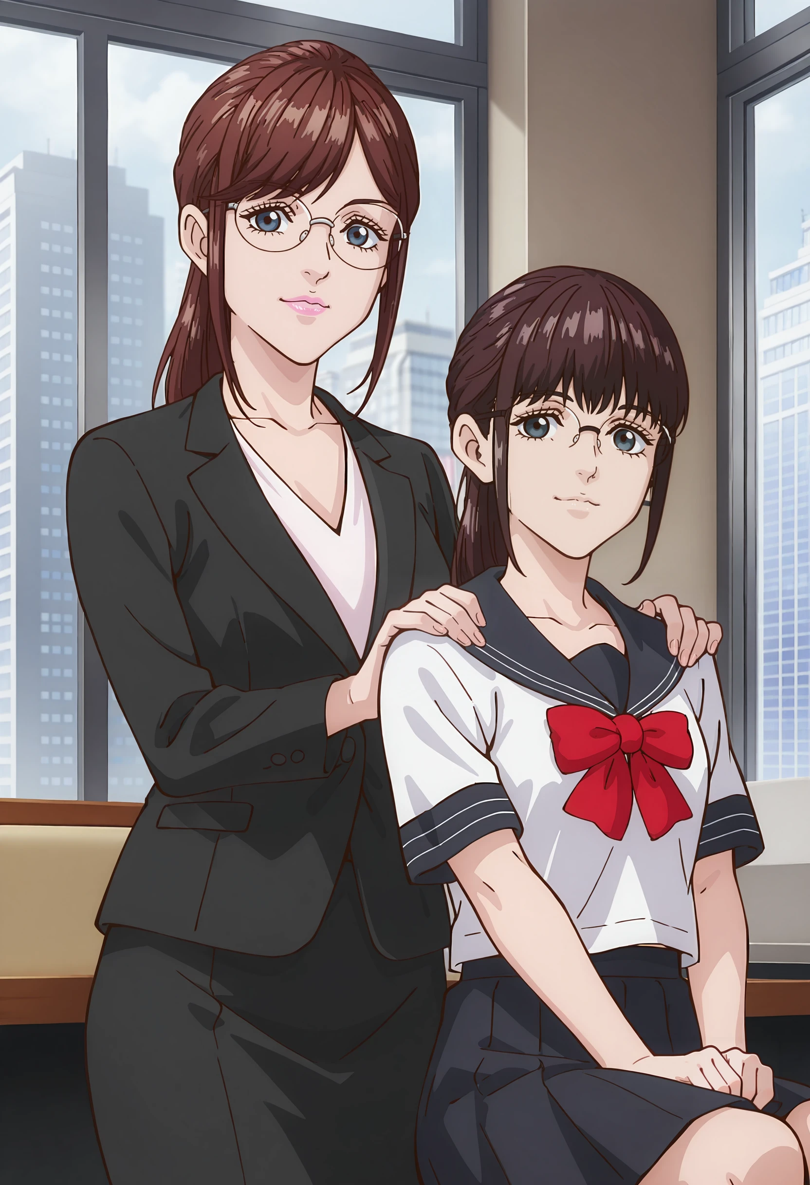 perfect quality, high quality, masterpiece, absolutely eye-catching BREAK
<lora:Trillion_Game_-_Mizuki:1> trillionmizukiteen, brown hair, choppy bangs, ponytail, blue eyes, glasses, rimless eyewear, school uniform, serafuku, red bow, pleated skirt BREAK
skyscraper, indoors, office, window, dappled lighting, height difference, cowboy shot BREAK
looking at viewer, light smile, sitting