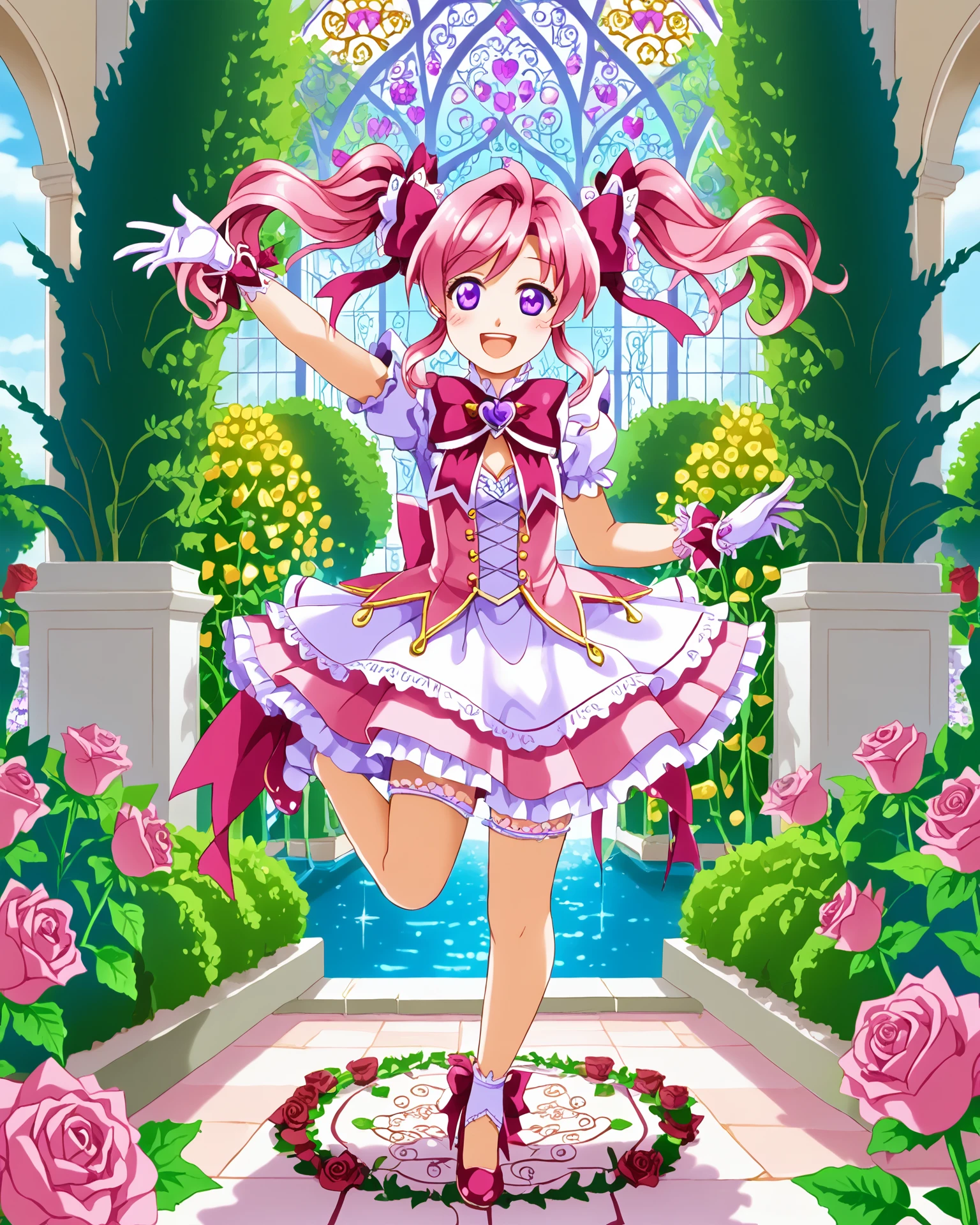 1girl, magal, pink hair, purple eyes, dancing, standing on one leg, happy, ribbons, very detailed clothing, magal clothing, glittering roses, jacquard fabric, garden, rose bushes, masterpiece, highest quality, absurdres, digital art, very detailed, score_9, score_8_up, score_7_up,  <lora:by_persicaria_eater-pony:1> by Persicaria Eater,  <lora:MagicalGirl_XL:1.1>