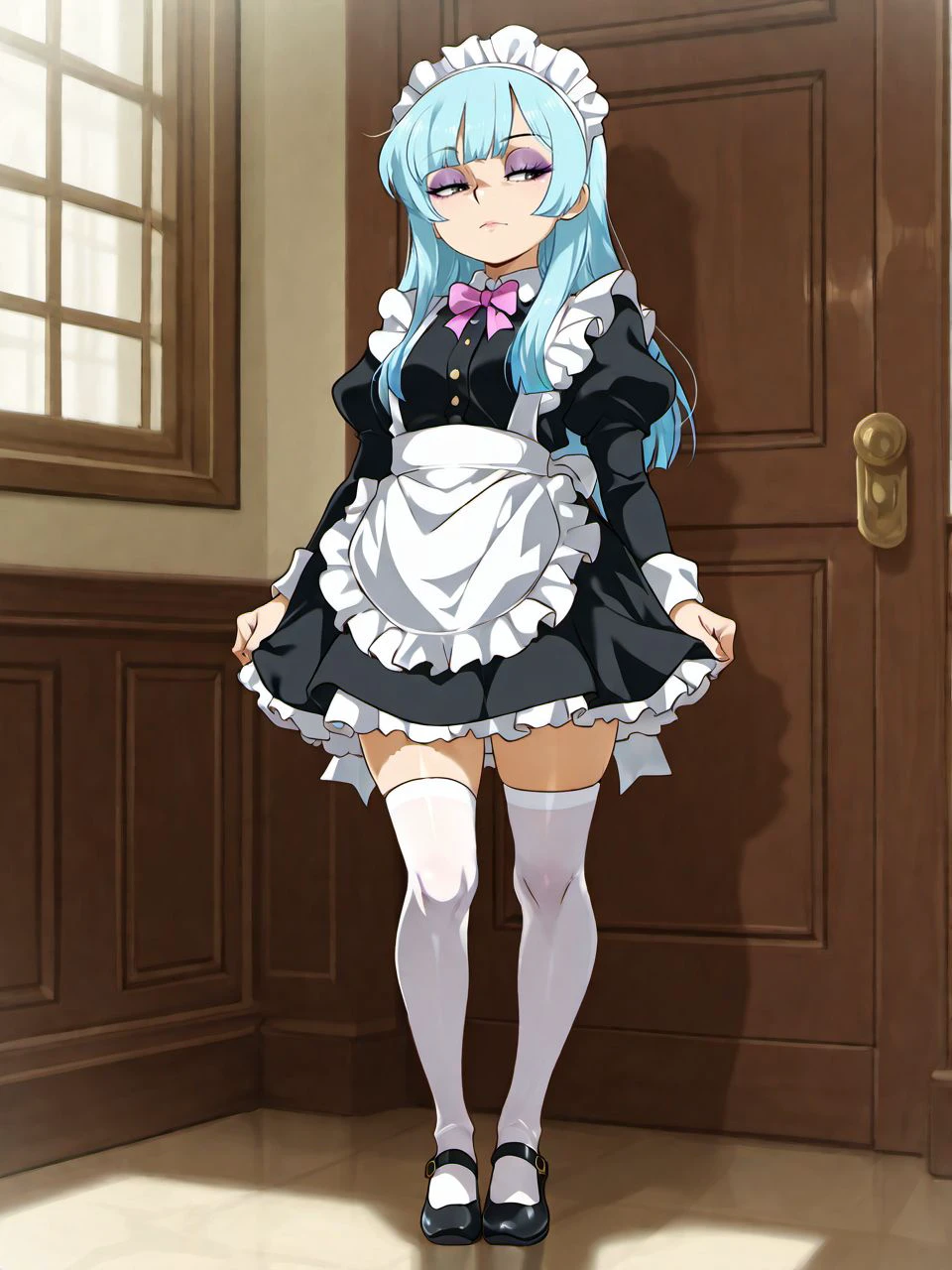 masterpiece, best quality, amazing quality, very aesthetic, high resolution,
jcm2style, solo, thighhighs, 1girl, long hair, maid headdress, eyeshadow, blue hair, black footwear, apron, maid, makeup, long sleeves, full body, white thighhighs, white apron, juliet sleeves, shoes, puffy sleeves, black dress, dress, frills, frilled apron, bow, alternate costume, standing, enmaided, zettai ryouiki, closed mouth,
<lora:jcm2_style_v1_illustrious_epoch_8:0.9>,