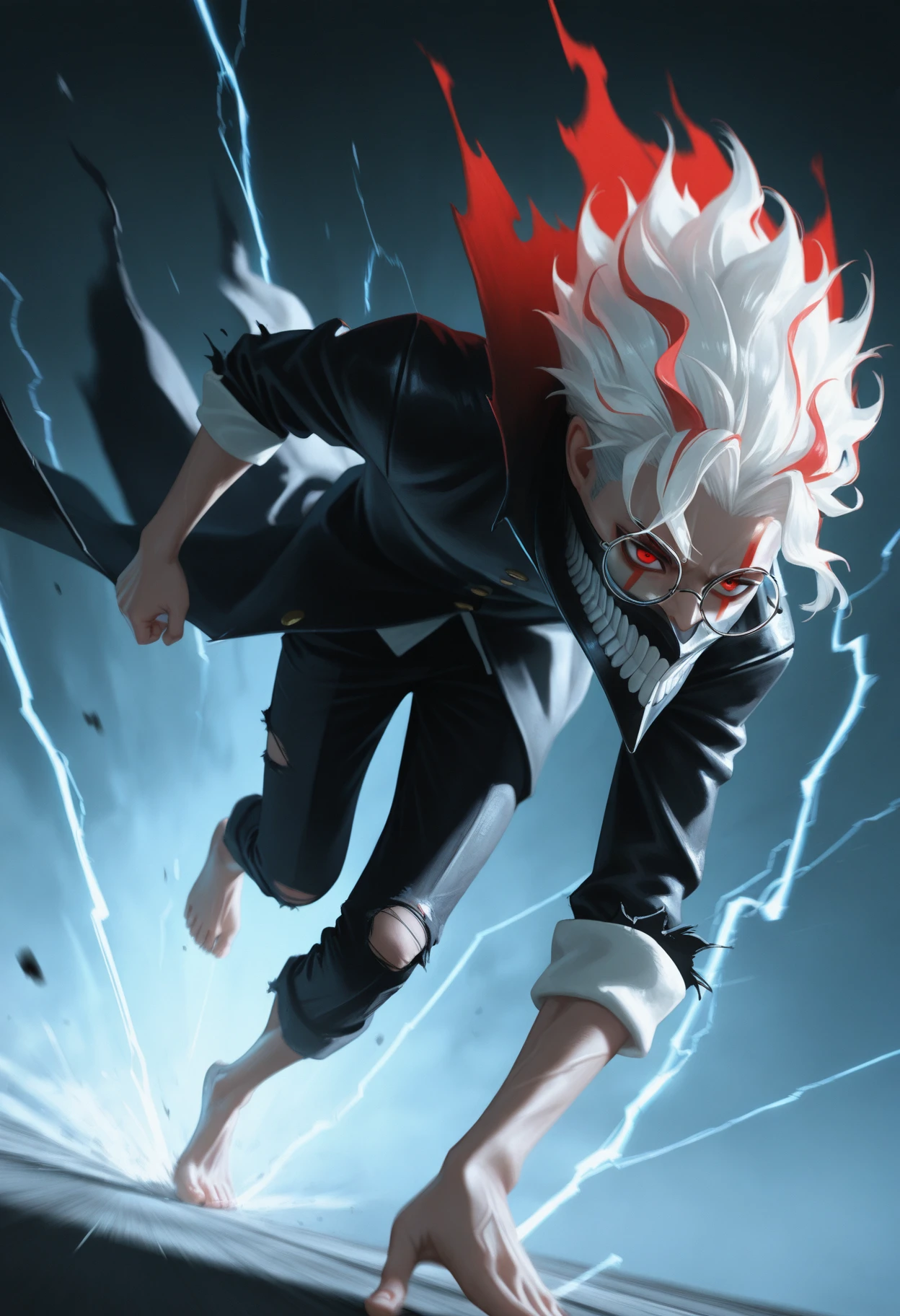 masterpiece, best quality, realistic,
 <lora:Okarun Dandadan [IL]:0.85> okarun, 1boy, solo, male focus, red eyes, glasses, white hair, mask, teeth, long sleeves, multicolored hair, red hair, round eyewear, || rolled up sleeves, school uniform, torn clothes, black jacket, long jacket, pants, torn pants, bare foot, 
running, motion blur, speed lines, dynamic pose, dynamic angle, high contrast, cinematic lighting, dim environment, aura, electricity,