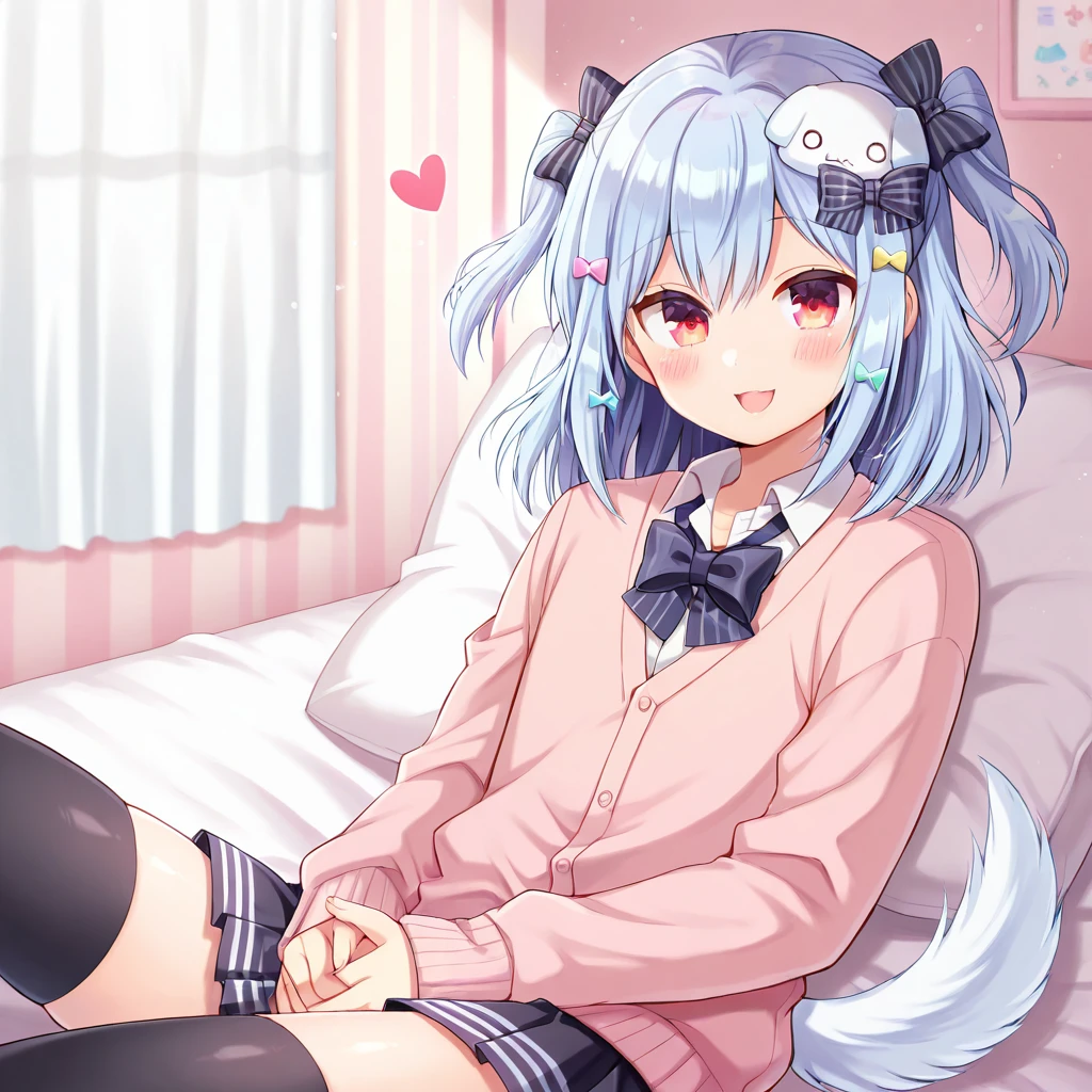 masterpiece, high quality, absurdres, 
solo, looking at viewer, own hands together, blush, happy aura, bedroom, 
<lora:Inuyama_Tamaki_-_Illustrious:1> blue hair, black bow, black skirt, black thighhighs, bow, bowtie, dog hair ornament, hair bow, hair ornament, miniskirt, otoko no ko, pleated skirt, red eyes, skirt, sweater, thighhighs, two side up, pink cardigan, medium hair, striped bow,