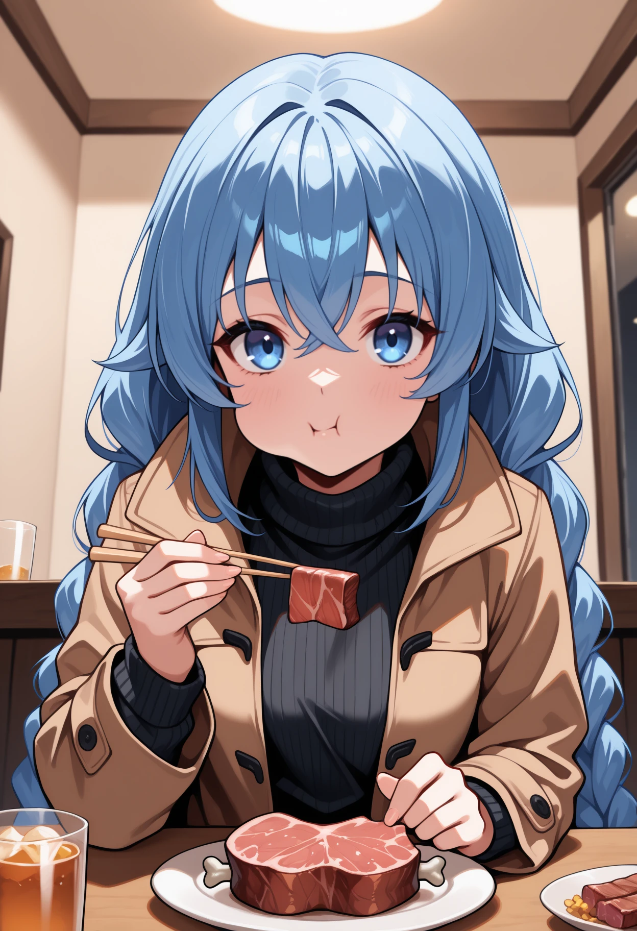 masterpiece, best quality, upper body, solo, 1girl, rxmg, eating, :t, looking at viewer, holding chopsticks, blue hair, hair between eyes, crossed bangs, twin braids, blue eyes, winter clothes, brown coat, open coat, long sleeves, black sweater, ribbed sweater, turtleneck sweater, indoors, table, plate, meat, cup, glass
<segment:yolo-Anzhc Face seg 640 v2 y8n.pt,0.4,0.5//cid=1>