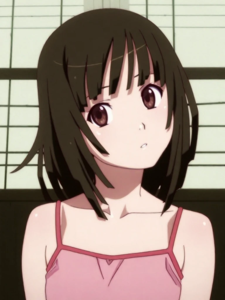 <lora:Nadeko_Illustrious:1> 
absurdres, masterpiece,
anime screencap,
1girl, nadeko sengoku, blunt bangs, blunt ends, medium hair, pink camisole, bare shoulders, upper body, head tilt