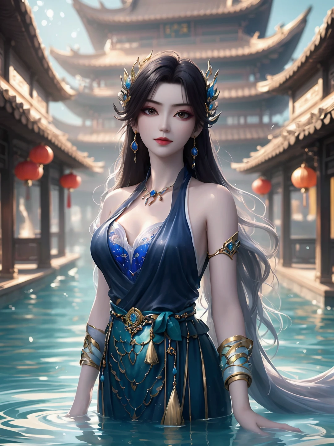 caoying,1girl,solo,hair ornament,earrings,jewelry,dress,necklace,bracelet,looking at viewer,water,east asian architecture,fantasy,depth of field,Highly detailed,(best quality:1.5,masterpiece:1.5),<lora:caoying-000010:0.85>,