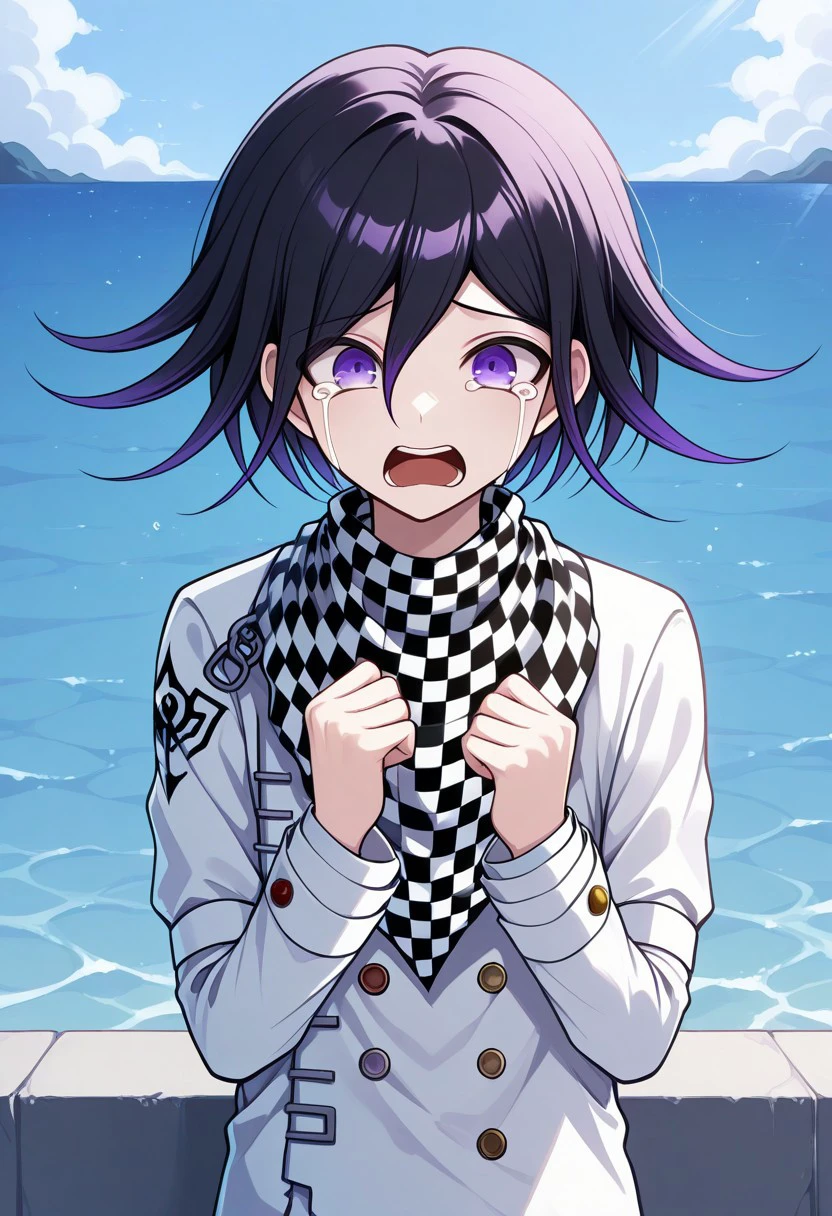 masterpiece, best quality, 
kokichi, 1boy, male focus, solo, purple eyes, black hair, purple hair, multicolored hair, medium hair, hair between eyes, bangs, jacket, straitjacket, buttons, double-breasted, white jacket, long sleeves, scarf, checkered scarf, cry, tears, streaming tears, open mouth, parody, comical, 
outdoor, palm, ocean