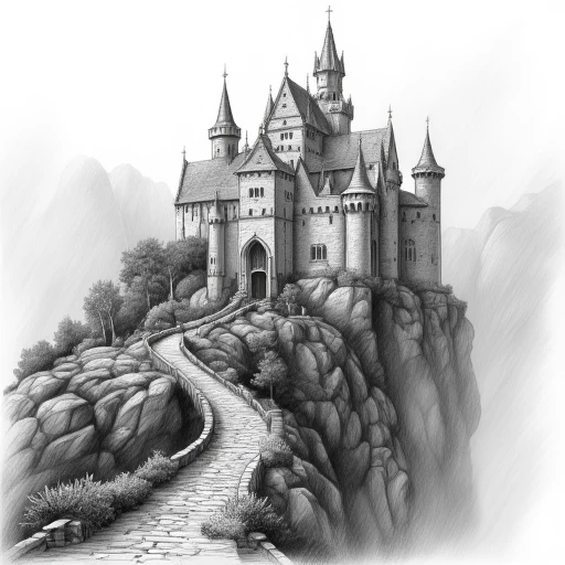 linea, A detailed pencil drawing of a medieval castle perched on a rocky cliff, surrounded by dense fog. The castle features towering spires, intricate stonework, and aged wooden doors. The pencil strokes are precise, using cross-hatching for shadows and subtle gradients to show depth. The foreground includes a cobblestone path winding up the cliff, with small shrubs sketched in fine detail. The entire image feels atmospheric, like a hand-drawn concept for a fantasy novel