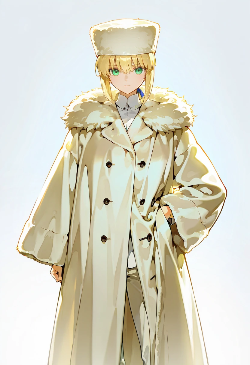 1girl,solo,looking at viewer,ikeda ruriko, fur coat, saber_(fate), hat,