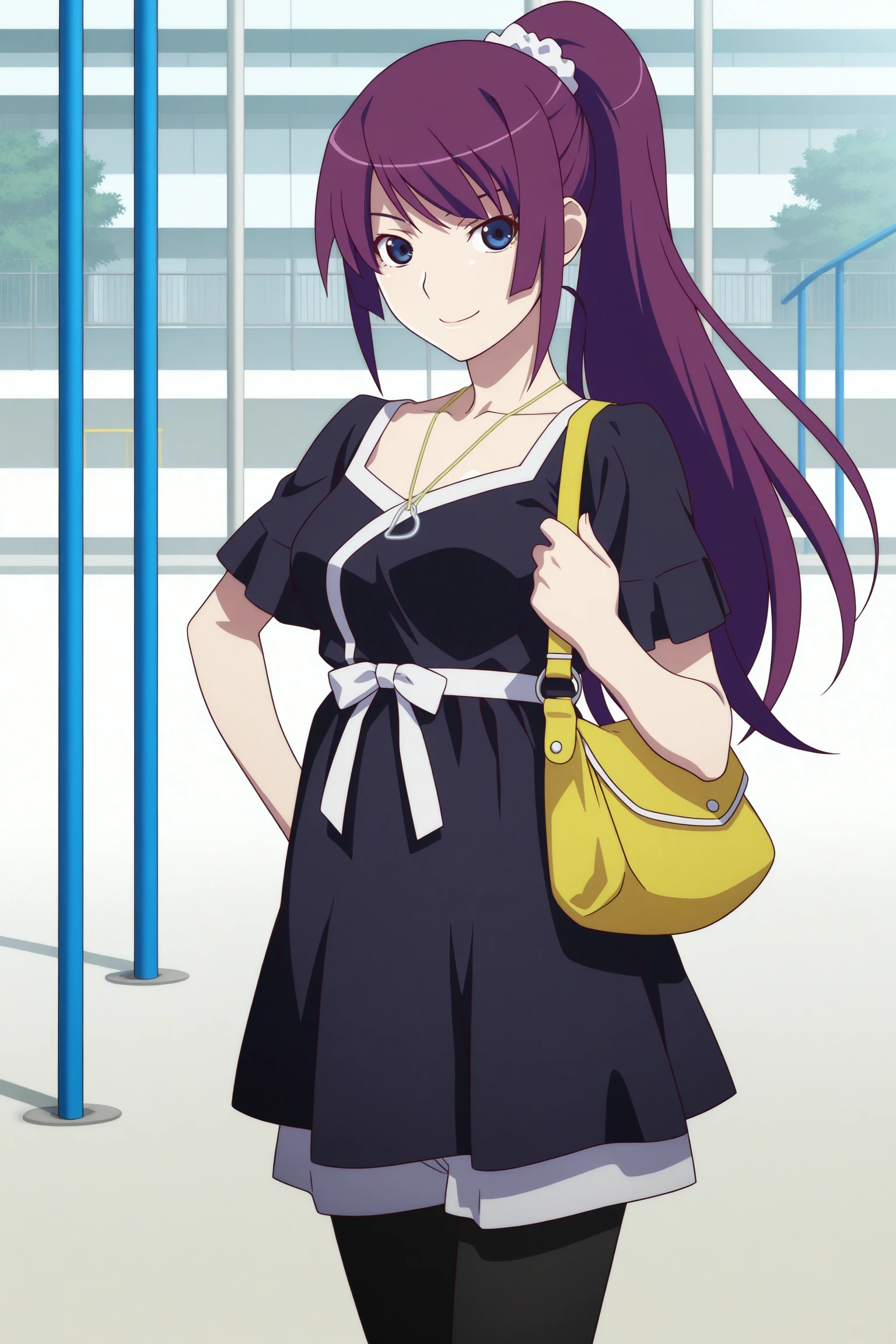 masterpiece, best quality, amazing quality, highres, absurdres, very aesthetic, high resolution, ultra detailed, perfect details, 1girl, solo, outdoors, playground, day, medium breasts, hitagi senjougahara, long hair, ponytail, white hair tie, sidelocks, purple hair, blue eyes, black dress, short sleeves, collarbone, necklace, yellow shoulder bag, waist sash, waist bow, white shorts, short shorts, black pantyhose, white footwear, mary janes, <lora:Hitagi_Senjougahara_ILXL:0.8>, (aged up:1.2), (cowboy shot:1.4), looking at viewer, smile, dim lighting, anime coloring, anime screencap, (pose:1.6)