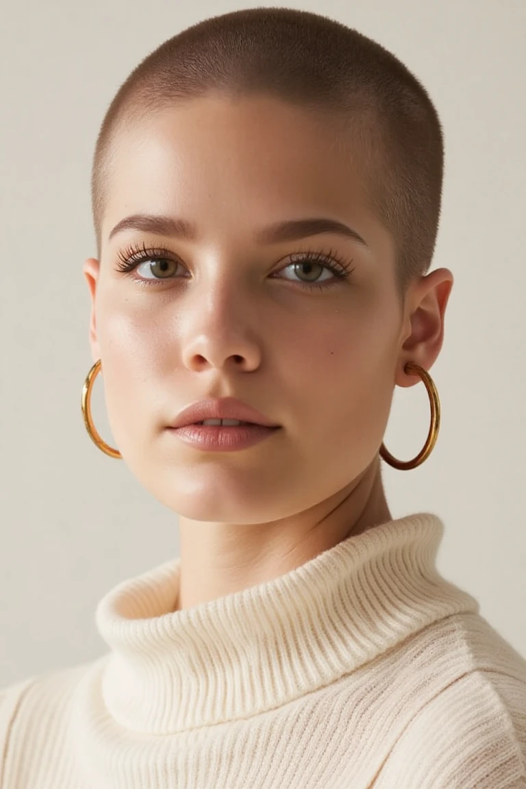 "A clean, minimalist portrait of a confident woman with striking eyes and a calm expression. She is wearing a light-colored sweater and gold hoop earrings that add a subtle touch of elegance. Her hair is trimmed short and sides are shaven. The soft, diffused lighting highlights her flawless skin and natural beauty, while the neutral background emphasizes her serene and sophisticated demeanor."