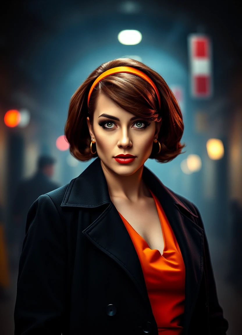 nolfcatearcher, woman with short brown hair, orange hairband, black trenchcoat, orange dress, retro style, female secret agent, suspense, cinematic