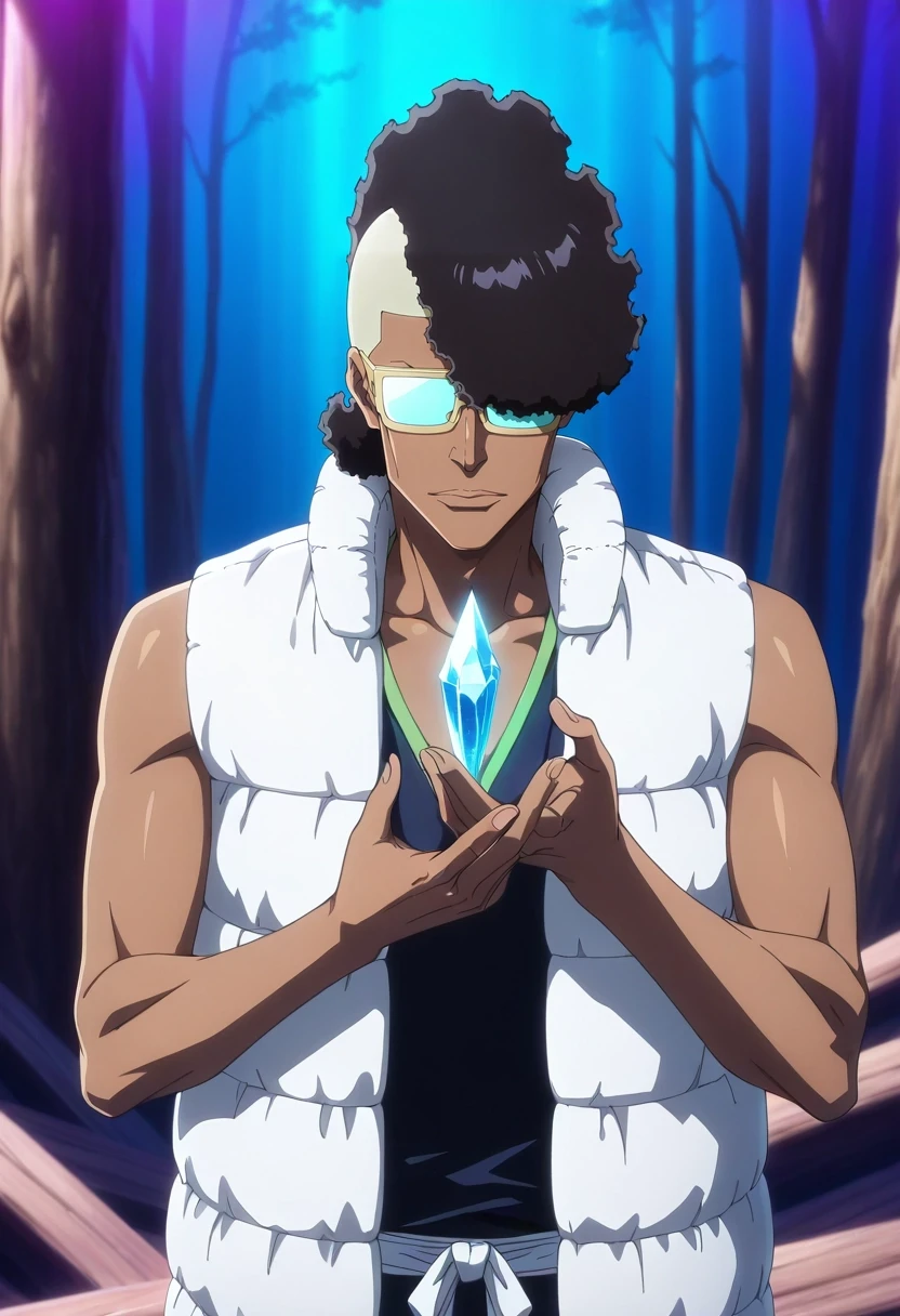 masterpiece, best quality, , anime screencap, , official style, , , 1boy, solo, male focus, <lora:ouetsu_nimaiya_ilxl:1>, ouetsu_nimaiya, black hair, sunglasses, tinted eyewear, opaque glasses, , dark skin, dark-skinned male, vest, sleeveless, , crystal forest, geometric trees, prism effects, light beams, touching crystal, wonder expression, rainbow lighting,