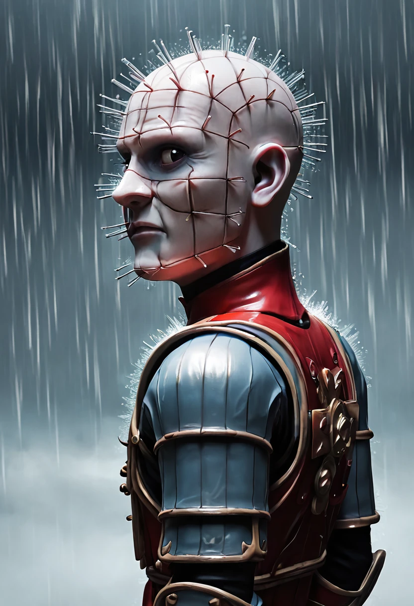 <lora:Pinhead-PXL:1> Pinhead-PXl, Pinhead, solo, sneering, short stack, 1boy, upper body, blue and red gradient background, rain, Fire soldier armor, , Thighlet, , looking_back, underlighting, , , realistic,