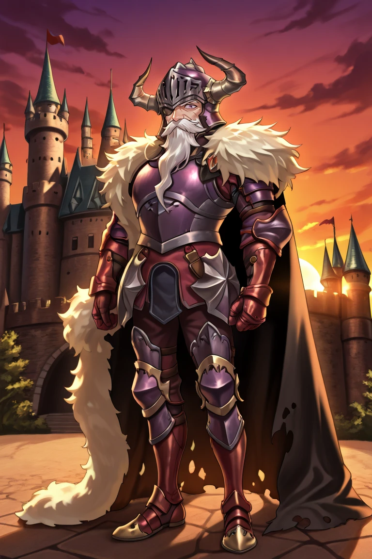 <lora:BaldusIL:0.8> , BldsDef, 1boy, one-eyed, purple eyes, white hair, beard, facial hair, mustache, eyepatch, horns, helmet, horned helmet, fake horns, armor, greaves, gauntlets, fur pauldrons, fur shawl, black cape, cape, torn cape, old, old man, full body, standing, castle, sunset, fierce, exterior, looking at viewer, solo, masterpiece, very aesthetic, absurdres, best quality, amazing quality, high resolution, detailed background,  <lora:illustrious_quality_modifiers_masterpieces_v1:0.8> , <lora:ChamIllustriousBackgroundEnhancer:0.5>