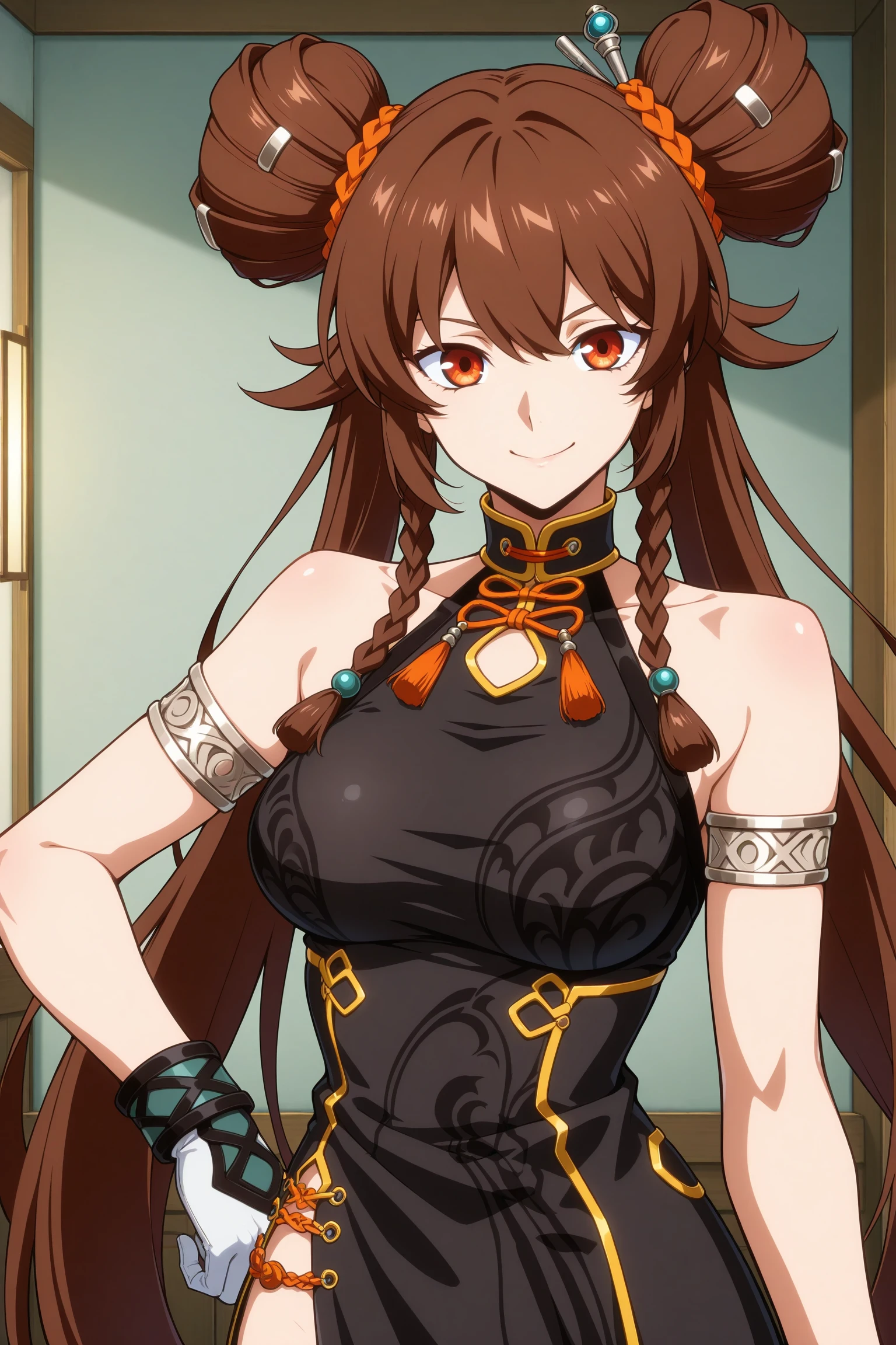 masterpiece, best quality, amazing quality, highres, absurdres, very aesthetic, high resolution, ultra detailed, perfect details, 1girl, solo, indoors, medium breasts, nen master, very long hair, brown hair, double bun, twintails, hair ornament, orange hair tie, sidelocks, twin braids, orange eyes, jewelry, chinese clothes, sleeveless, black dress, armlet, bracelet, white gloves, side slit, black thighhighs, black footwear, flats, <lora:Nen_Master_ILXL:0.8>, (aged up:1.8), (upper body:1.7), looking at viewer, smile, (anime coloring:1.5), (anime screencap:1.5)