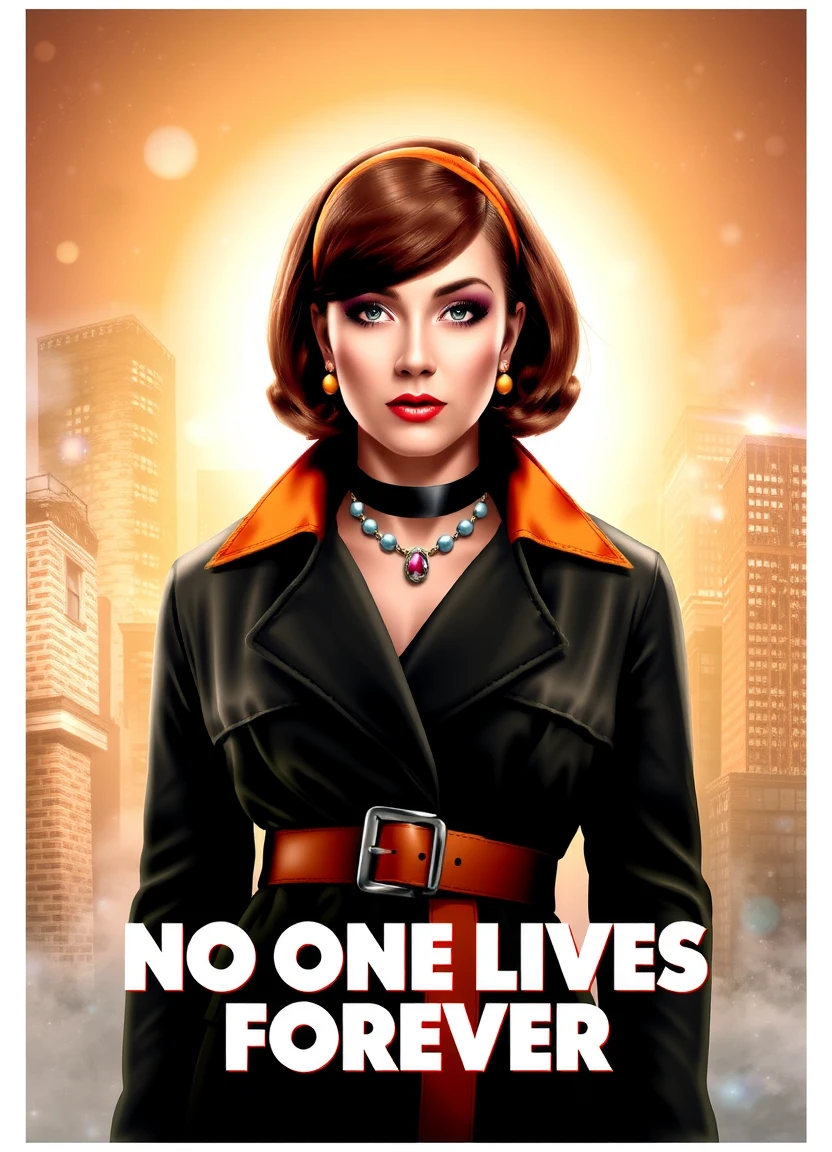 cinematic movie poster with the title "No One Lives Forever"
nolfcatearcher, 1girl, short hair, brown hair, jewelry, hairband, choker, belt, makeup, lipstick, orange hairband, black and orange trenchcoat, 1960s style, abstract background, backlight, realistic, 