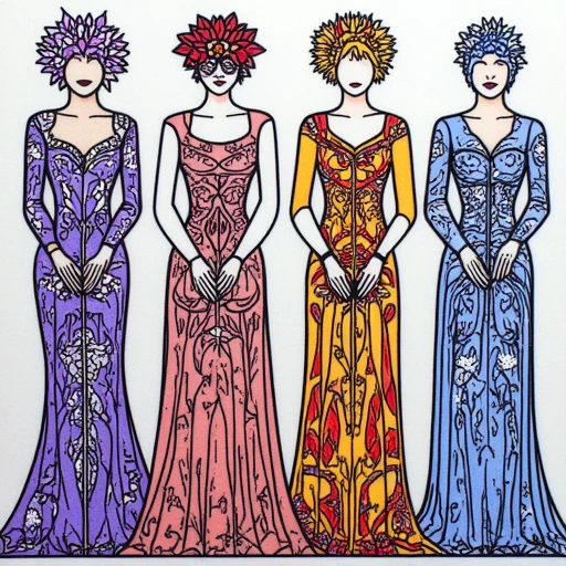ArsMJStyle, Moonlit Minimalism, four women representing the seasons, each dressed in richly detailed garments. They stand intertwined with the natural elements of their seasons spring blossoms, summer sunflowers, autumn leaves, and winter snowflakes.