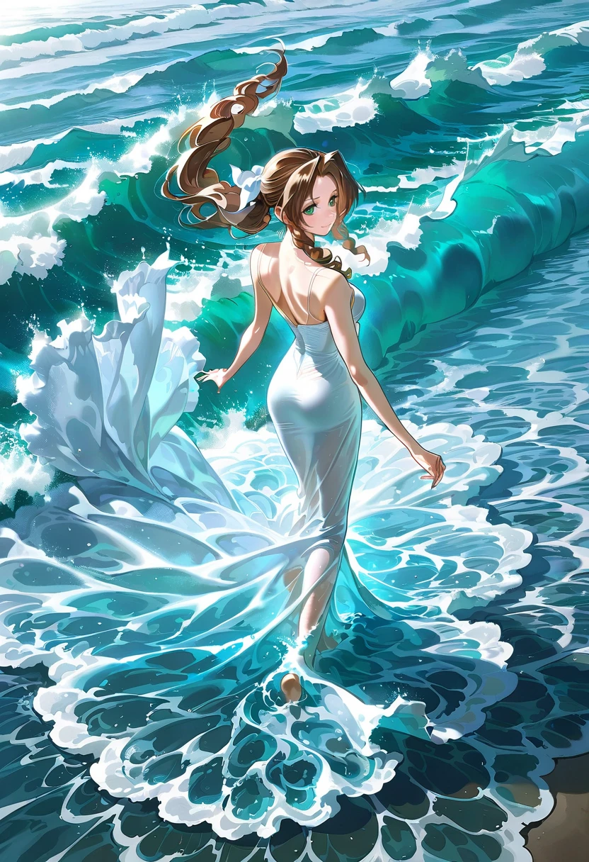 1girl,solo,looking at viewer,ikeda ruriko, water dress, waves, white dress, water, long dress, ocean, aerith_gainsborough