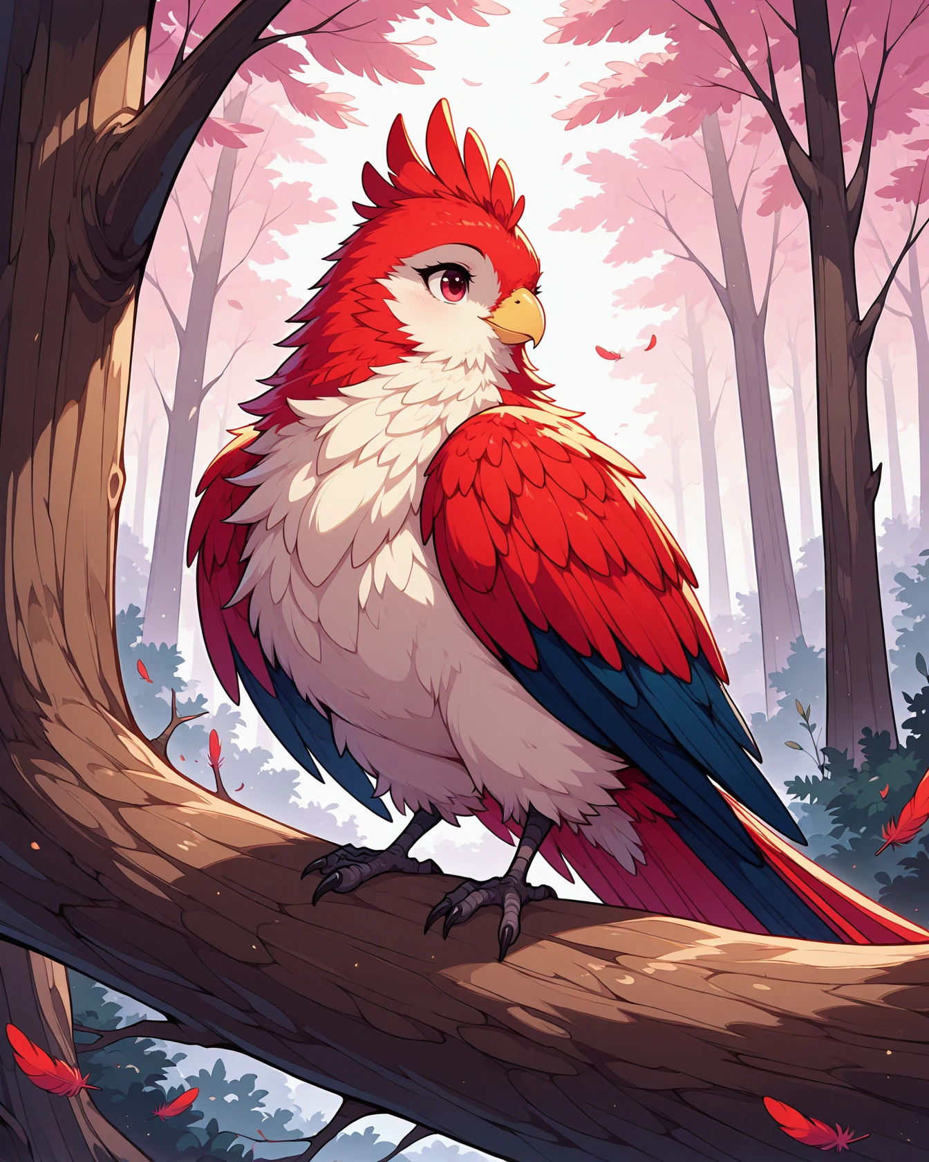 masterpiece, best quality, 1girl, solo, megafeathery, feathers, feathery, bird anthro, avian, beak, chicken anthro, solo, female, outdoors, trees  , <lora:Mega_Feathery_for_Illustrious_XL:1>