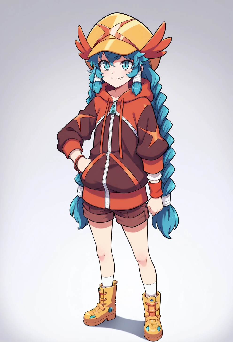 masterpiece, best quality, high quality, anime, <lora:AEMelIllx:1>AEMel, aqua eyes, slit pupils, blue hair, twin braids, sidelocks, hair tubes, very long hair, yellow hat, Brown hoodie, layered sleeves, short over long sleeves, zipper, bracelet, Orange wristband, Brown shorts, White socks, yellow boots, fang out, full body, standing,