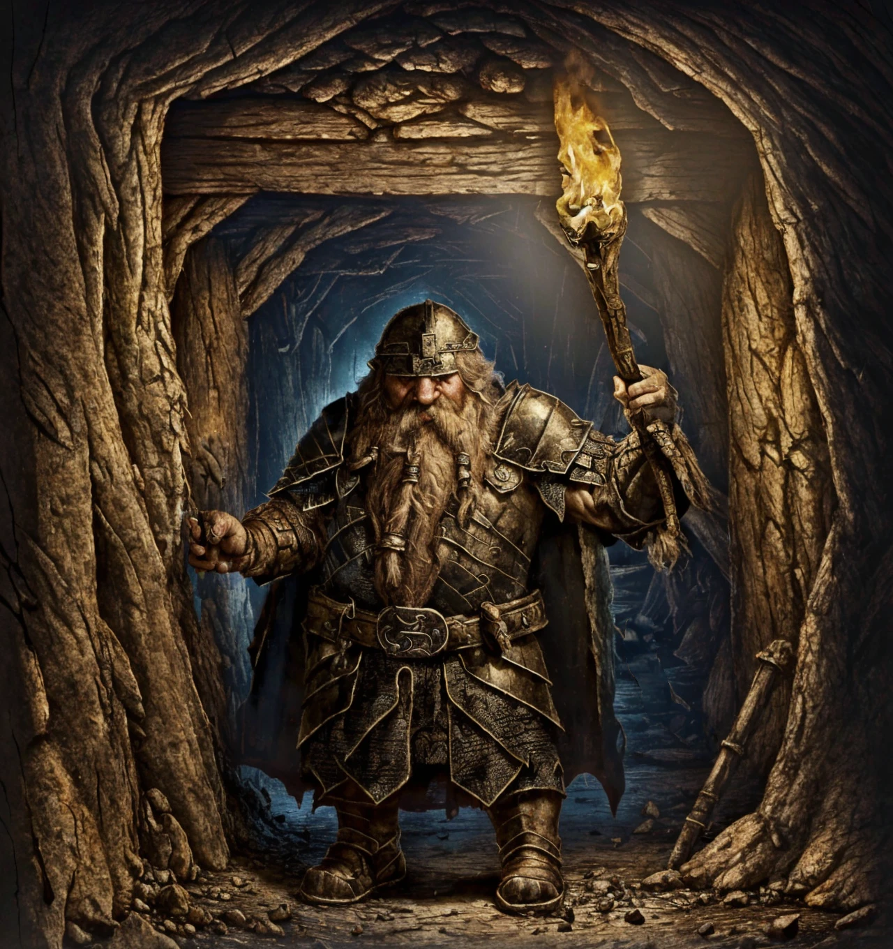 RAW photo, (masterpiece:1.3), subsurface scattering, heavy shadow, (high quality:1.4), (intricate, high detail:1.2), professional photography, HDR, High Dynamic Range, realistic, ultra realistic, photorealistic, high resolution, film photography, ambient lighting, atmospheric effects, <lora:detail_slider_v4:2>, OverallDetail, a dwarf warrior, long beard, wearing intricate armor, belt, cape, dwarfwarrior, <lora:DwarfWarrior:0.8>, in an abandoned fantasy medieval mine, stone walls and ceiling, torches, <lora:Underground_Mine:1>, undmi, epiCPhoto